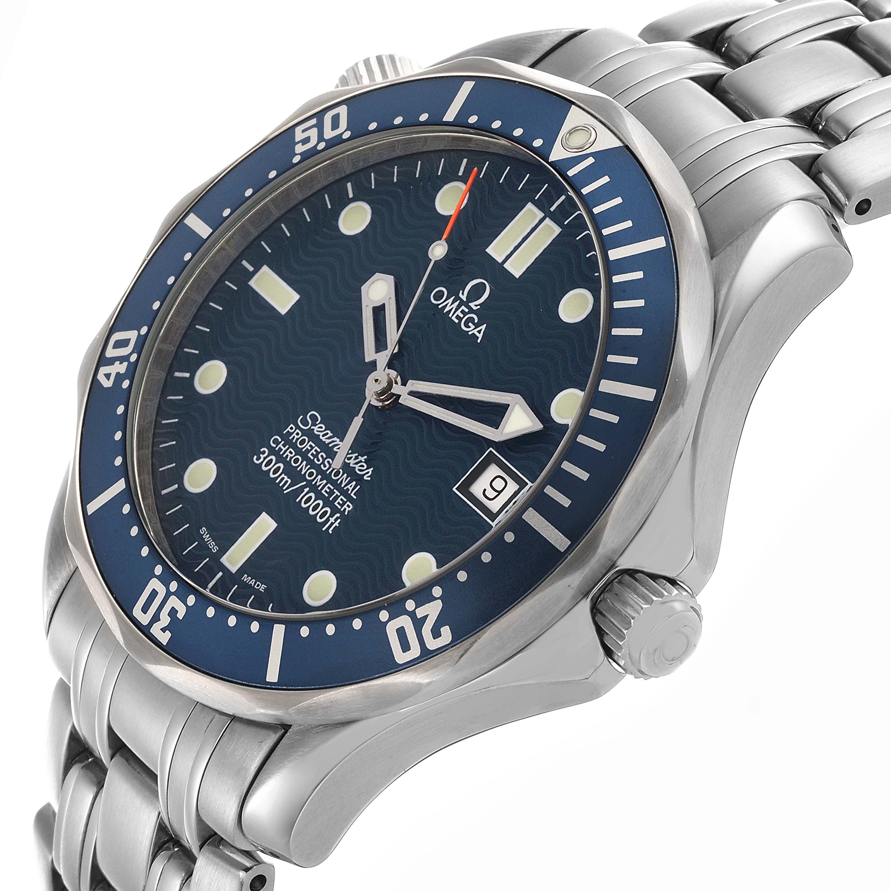 The Omega Seamaster 2531.80.00 Men
s Stainless Steel Blue Dial 2531.80.00 Men
s Stainless Steel Blue Dial watch is shown at an angle highlighting the face, bezel, crown, and stainless steel bracelet.