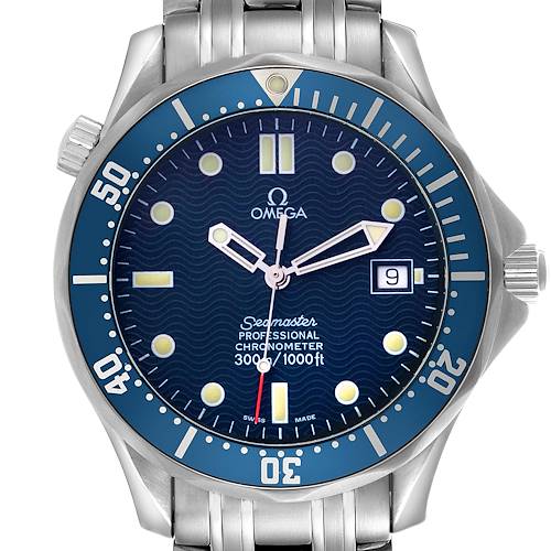 The Omega Seamaster watch is shown from a frontal angle, highlighting its face, bezel, crown, and bracelet.