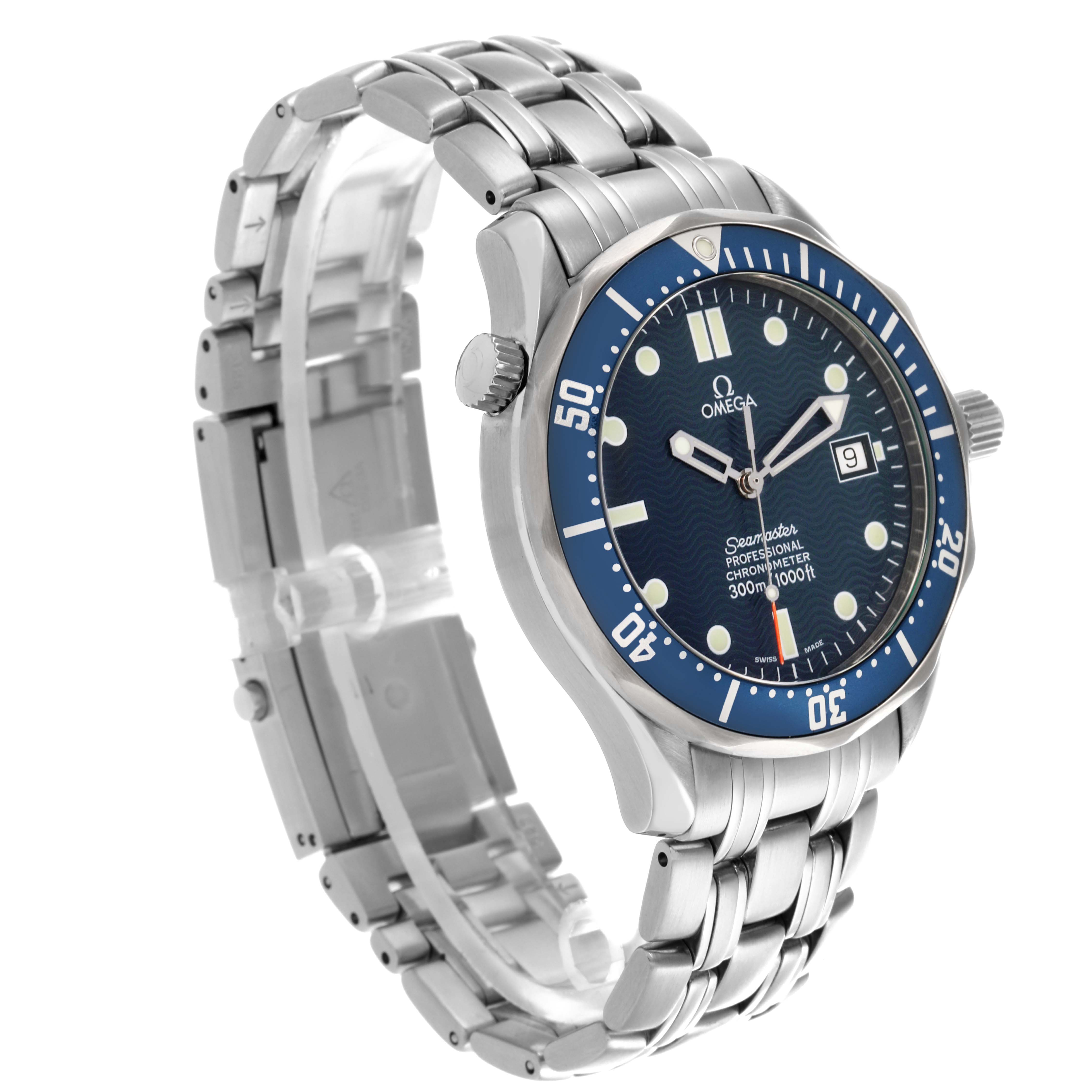 The Omega Seamaster 2531.80.00 Men
s Stainless Steel Blue Dial 2531.80.00 Men
s Stainless Steel Blue Dial watch is shown at a three-quarter angle, highlighting the dial, bezel, crown, and bracelet.