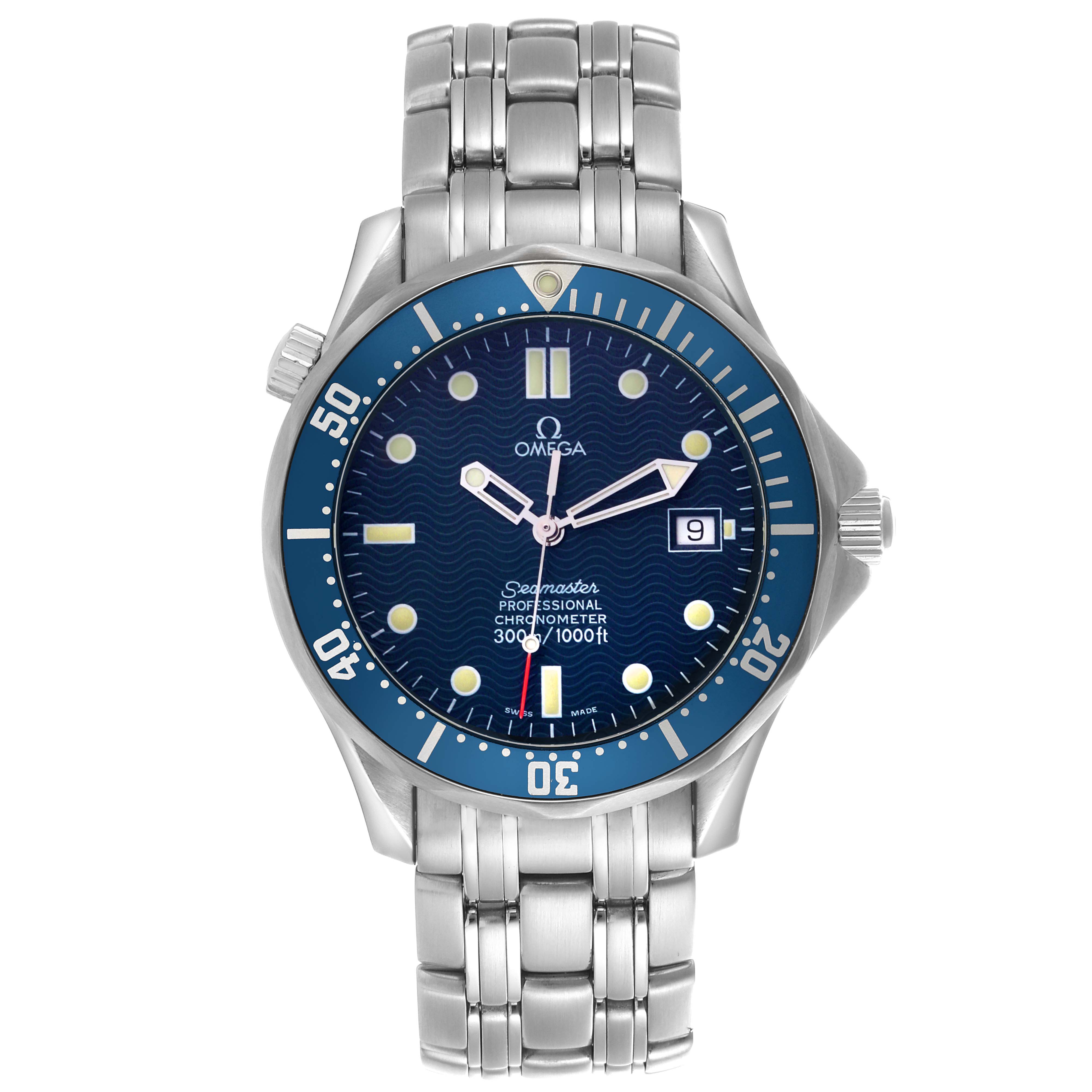 The Omega Seamaster 2531.80.00 Men
s Stainless Steel Blue Dial 2531.80.00 Men
s Stainless Steel Blue Dial watch is shown from a front angle, highlighting the face, bezel, crown, and bracelet.
