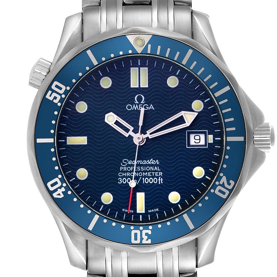 The Omega Seamaster watch is shown from the front, highlighting its bezel, dial, hands, and date window.