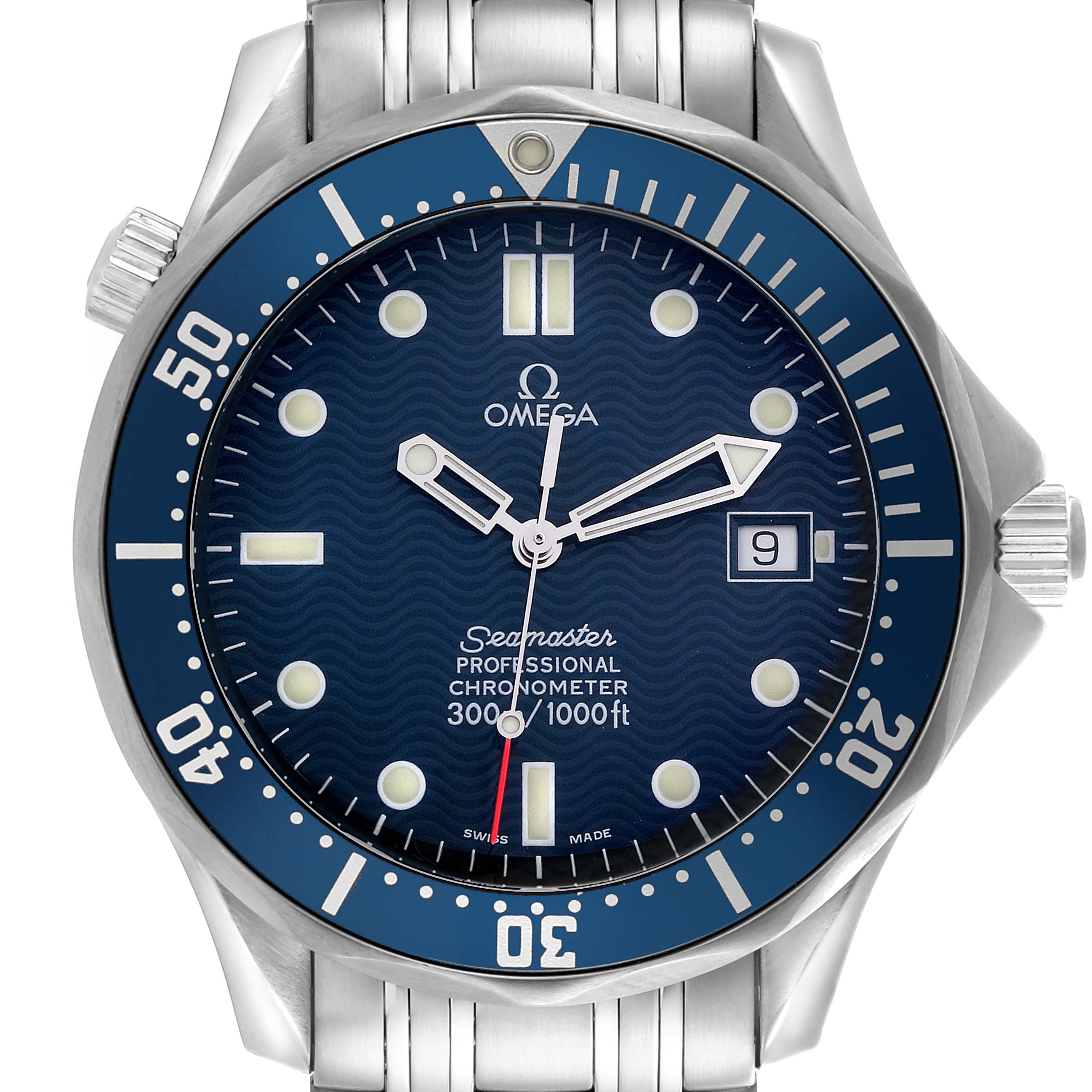 The image shows a front view of the Omega Seamaster 2531.80.00 Men
s Stainless Steel Blue Dial 2531.80.00 Men
s Stainless Steel Blue Dial watch, highlighting its blue dial, bezel, and bracelet.