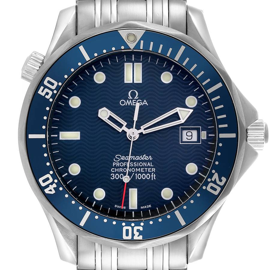 The image shows a front view of the Omega Seamaster watch, highlighting its blue dial, bezel, and bracelet.