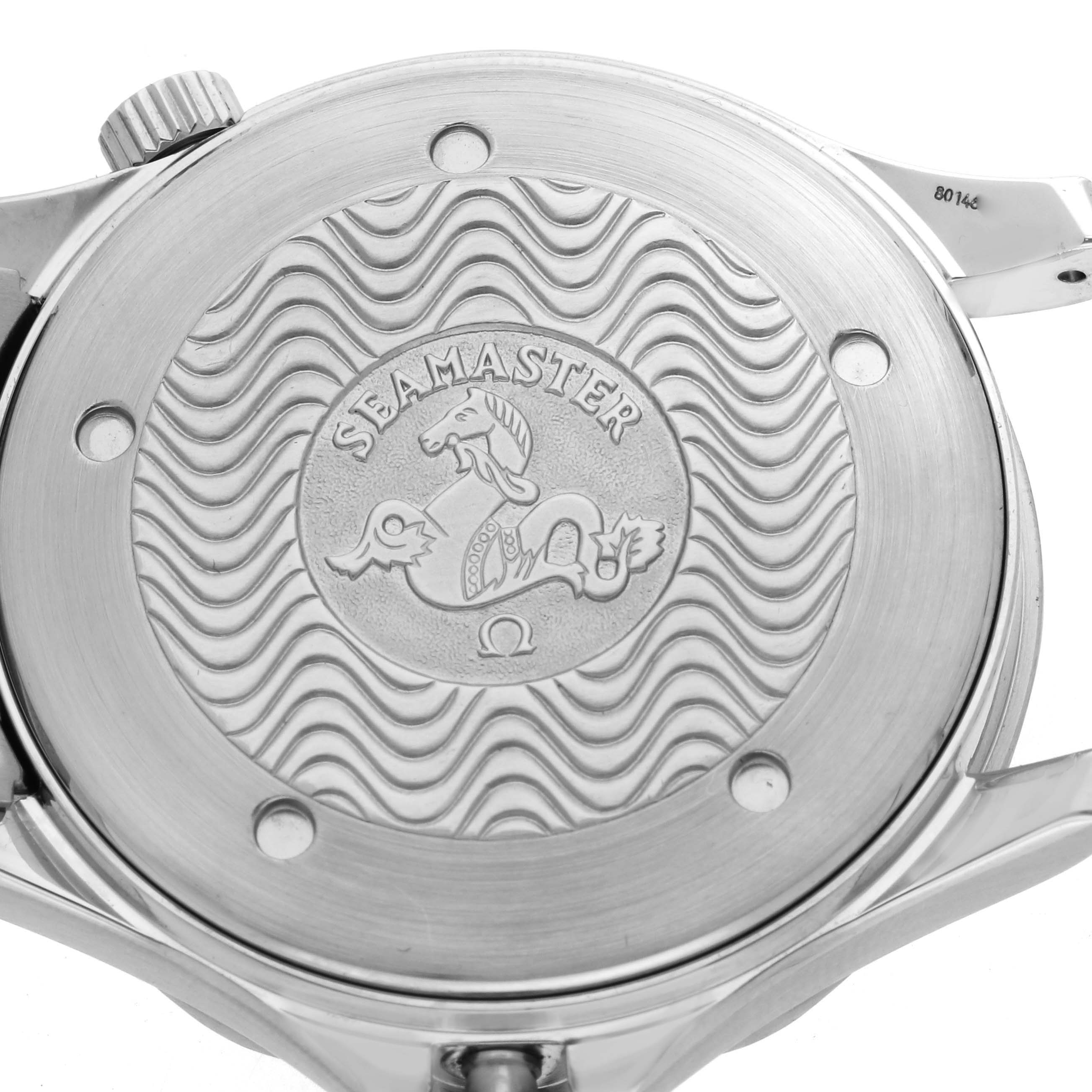 The image shows the back case of an Omega Seamaster 2531.80.00 Men
s Stainless Steel Blue Dial 2531.80.00 Men
s Stainless Steel Blue Dial watch, featuring its wave pattern and logo engraving.