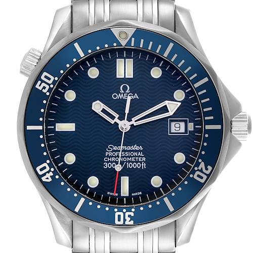 The Omega Seamaster watch is shown from the front, highlighting the dial, bezel, and part of the bracelet.