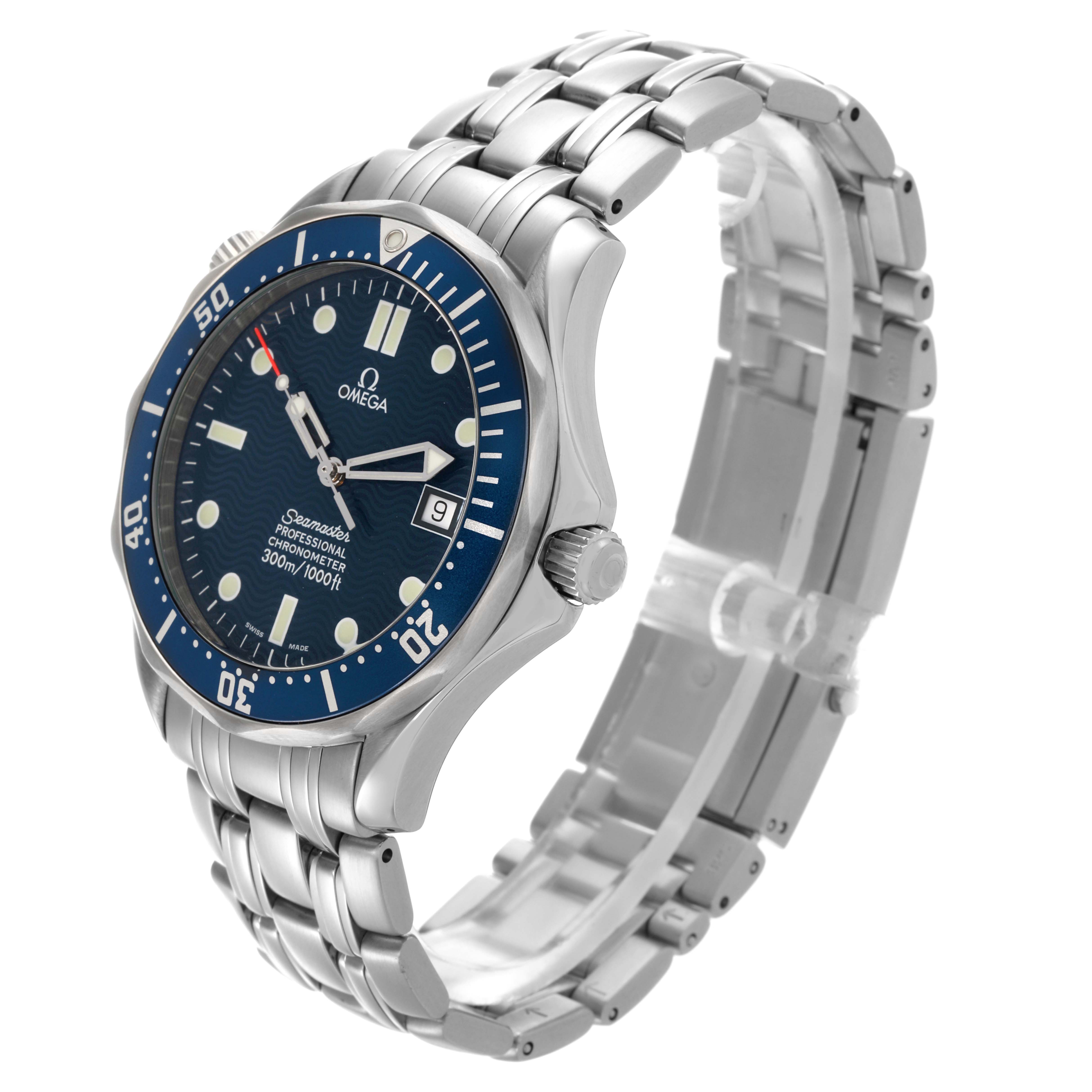 The Omega Seamaster 2531.80.00 Men
s Stainless Steel Blue Dial 2531.80.00 Men
s Stainless Steel Blue Dial watch is shown from a side angle, highlighting its face, bezel, case, and bracelet.