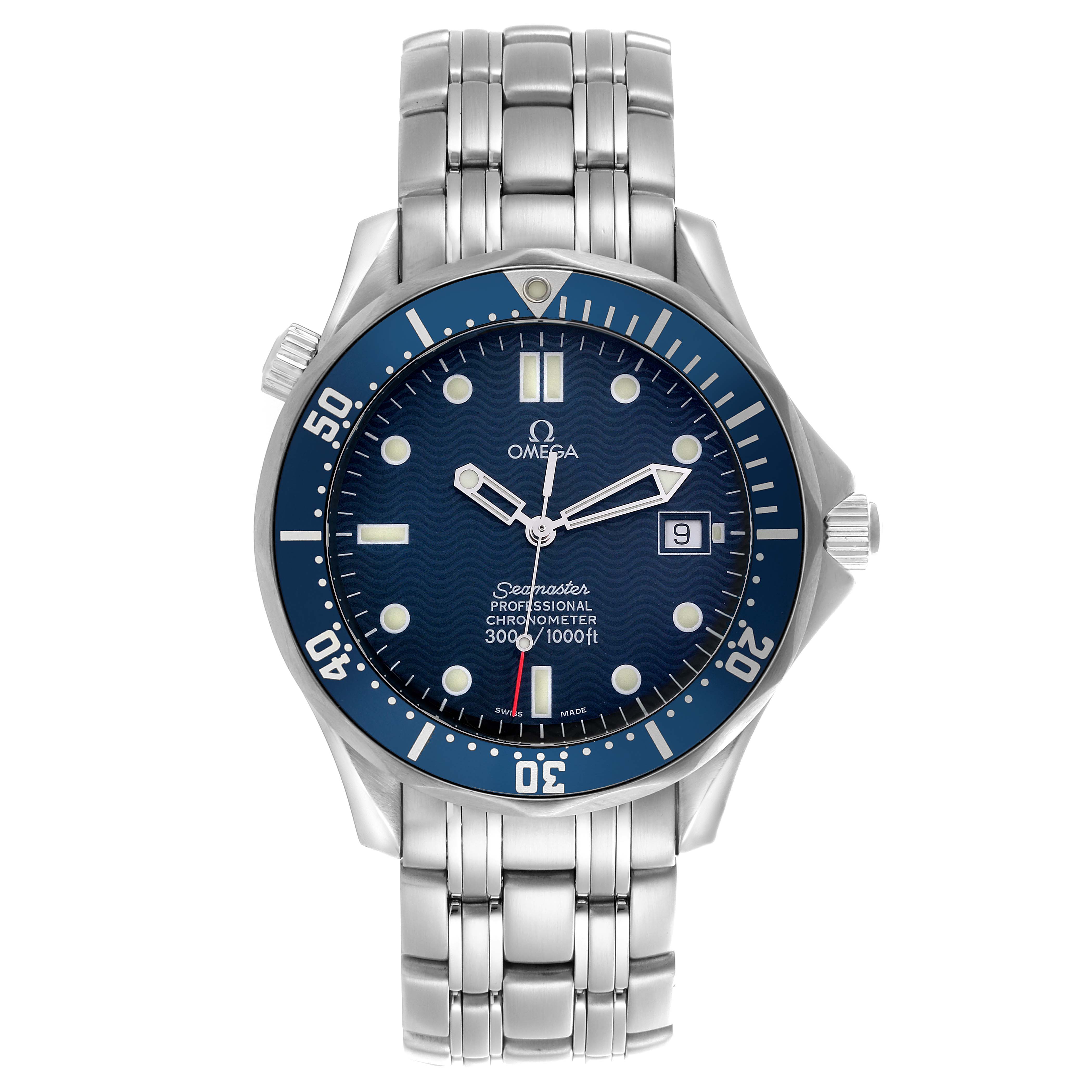 The Omega Seamaster 2531.80.00 Men
s Stainless Steel Blue Dial 2531.80.00 Men
s Stainless Steel Blue Dial watch is shown from the front, displaying the face, bezel, and bracelet.