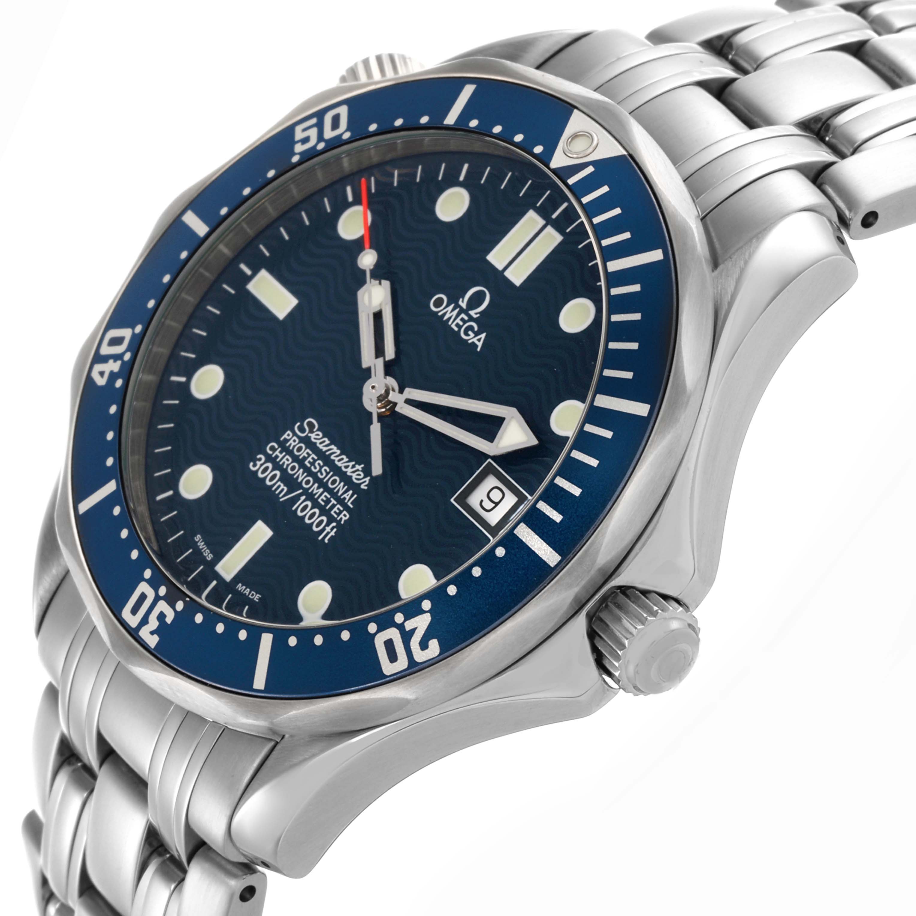 The Omega Seamaster 2531.80.00 Men
s Stainless Steel Blue Dial 2531.80.00 Men
s Stainless Steel Blue Dial watch is shown at an angle, highlighting the dial, bezel, crown, and part of the bracelet.