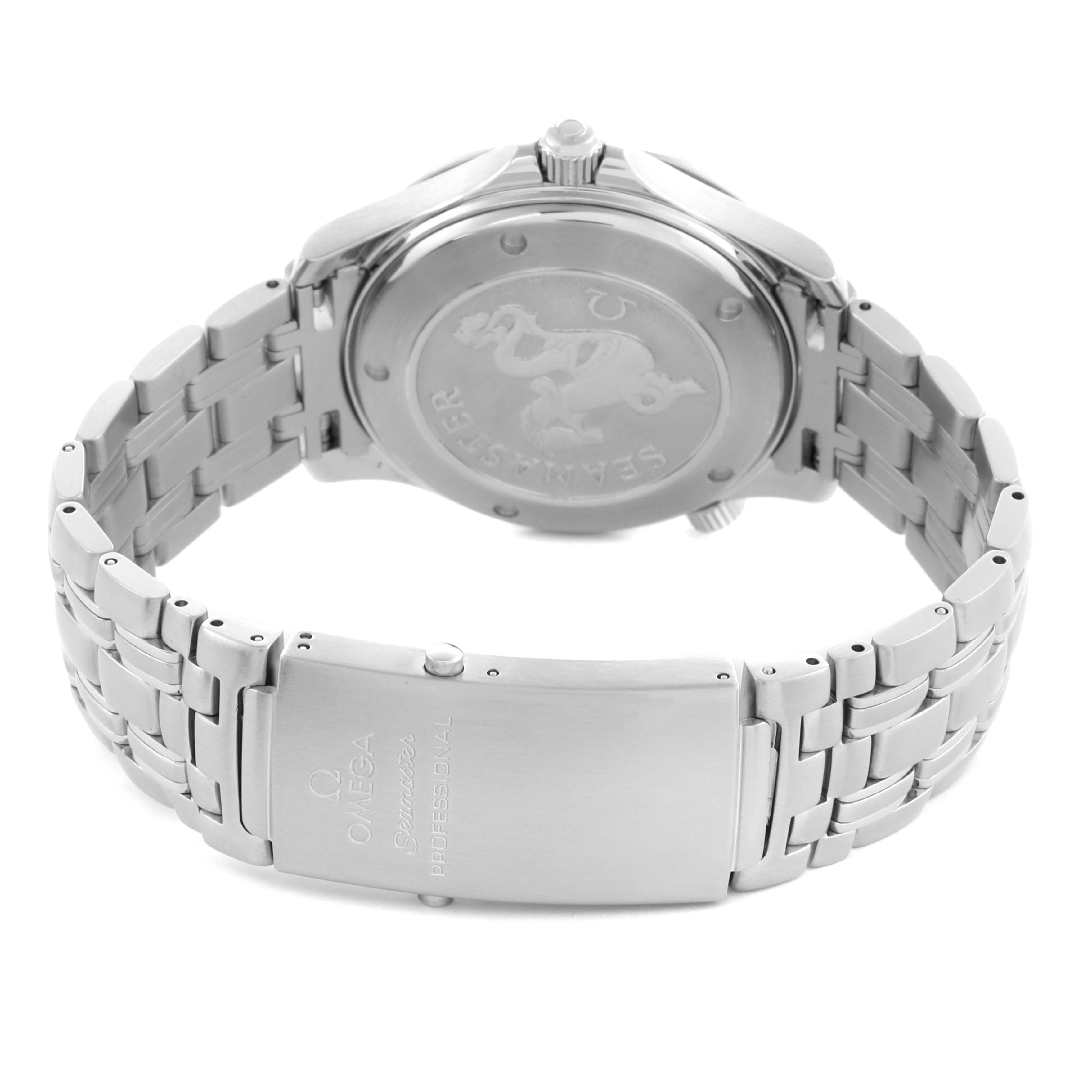 The image shows the back case and bracelet clasp of an Omega Seamaster 2220.80.00 Men's Stainless Steel Blue Dial 2220.80.00 Men's Stainless Steel Blue Dial watch from a rear angle.