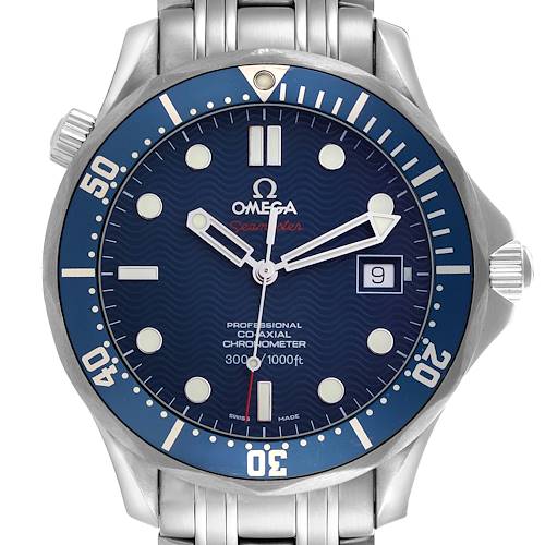 The image shows a front view of the Omega Seamaster watch, highlighting the dial, bezel, and part of the bracelet.