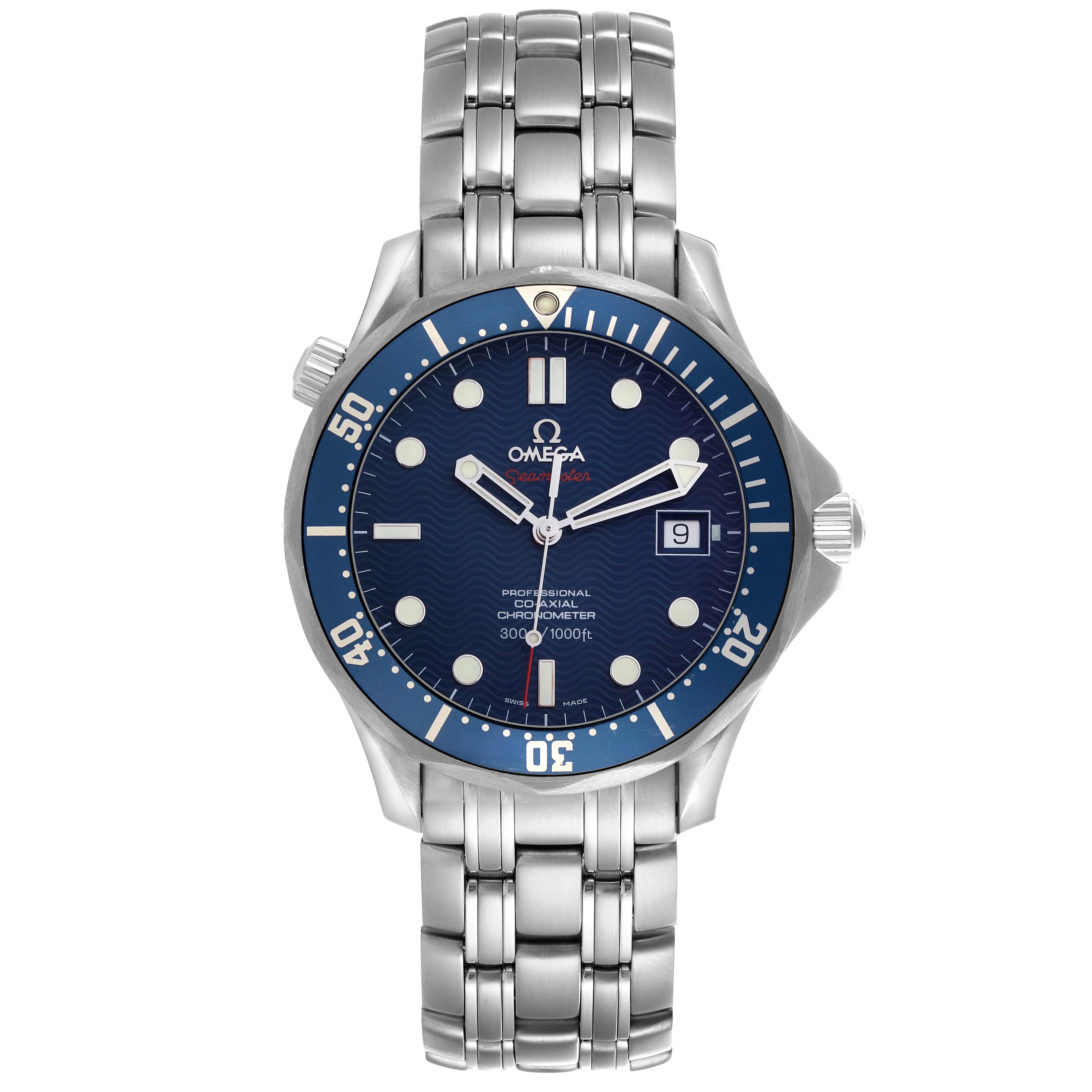 The Omega Seamaster 2220.80.00 Men's Stainless Steel Blue Dial 2220.80.00 Men's Stainless Steel Blue Dial watch is shown from a front view, displaying the face, bezel, and bracelet.