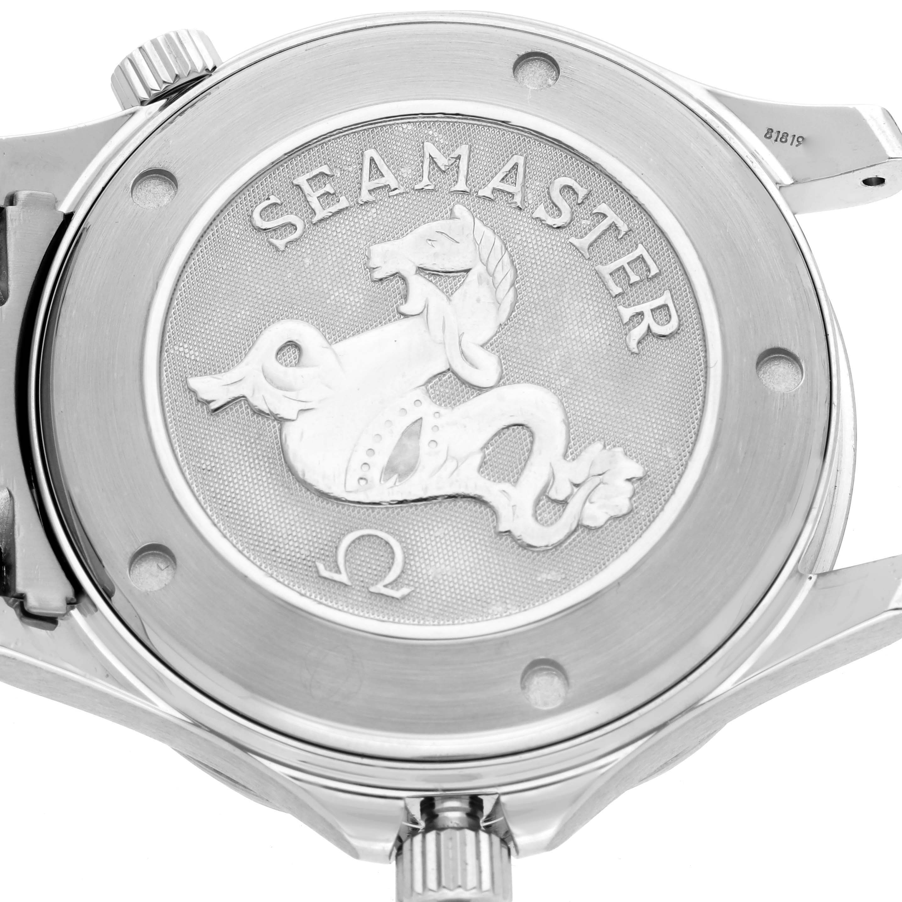 The image shows the case back of an Omega Seamaster 2220.80.00 Men's Stainless Steel Blue Dial 2220.80.00 Men's Stainless Steel Blue Dial watch, featuring logo engravings.