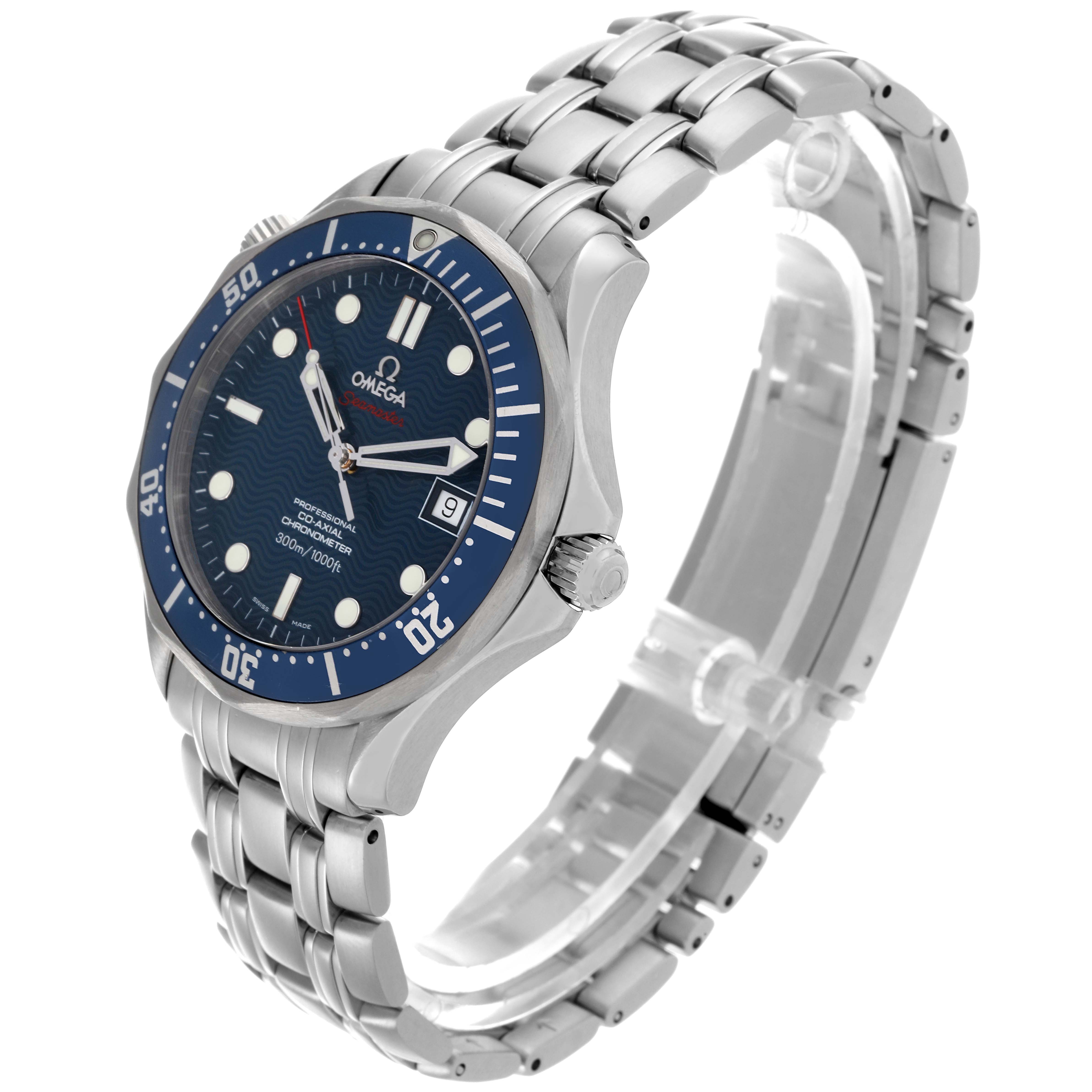 The Omega Seamaster 2220.80.00 Men's Stainless Steel Blue Dial 2220.80.00 Men's Stainless Steel Blue Dial watch is shown at a slightly tilted angle, highlighting the face, bezel, and stainless steel bracelet.