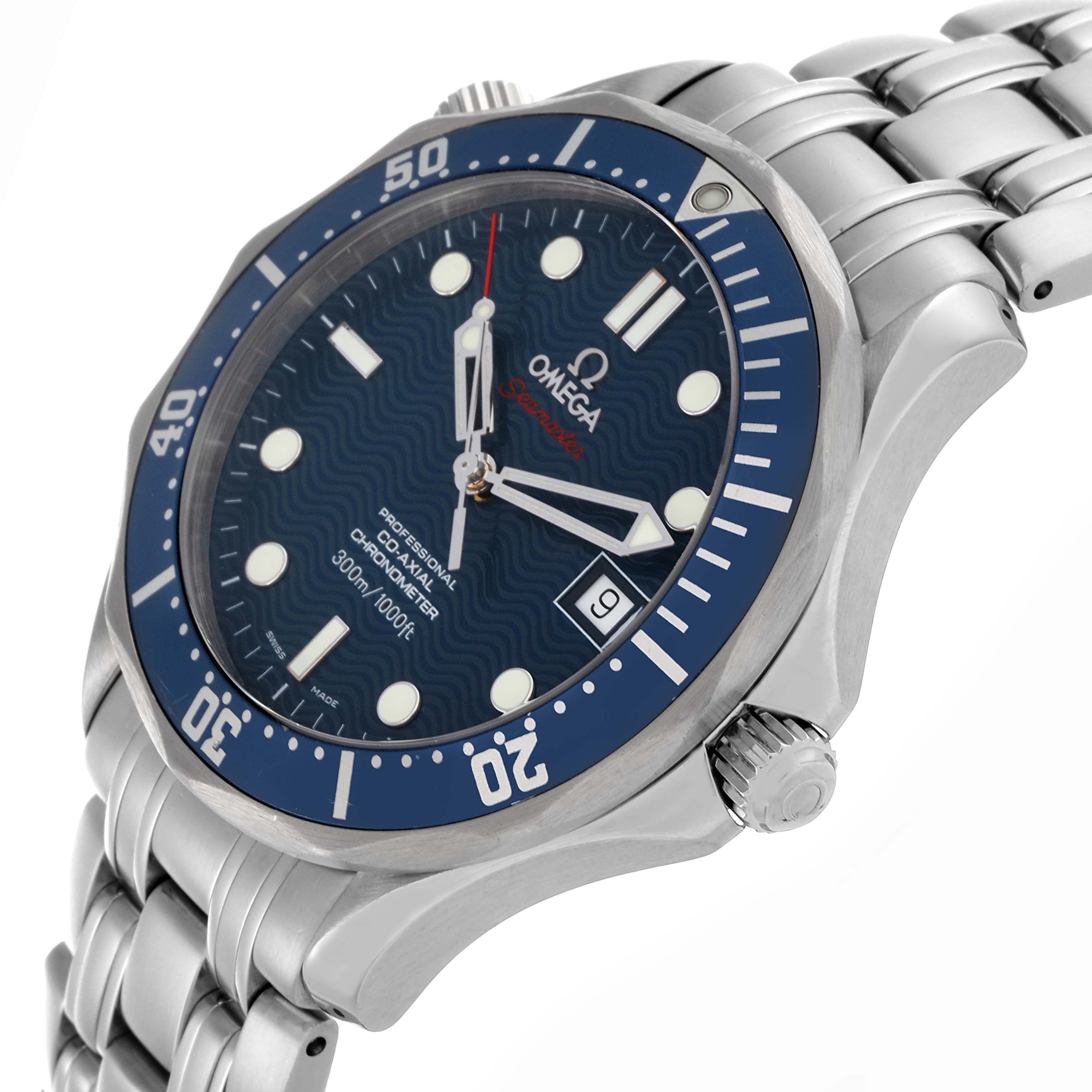 The Omega Seamaster 2220.80.00 Men's Stainless Steel Blue Dial 2220.80.00 Men's Stainless Steel Blue Dial watch is shown at an angled side view, highlighting the bezel, face, crown, and bracelet.