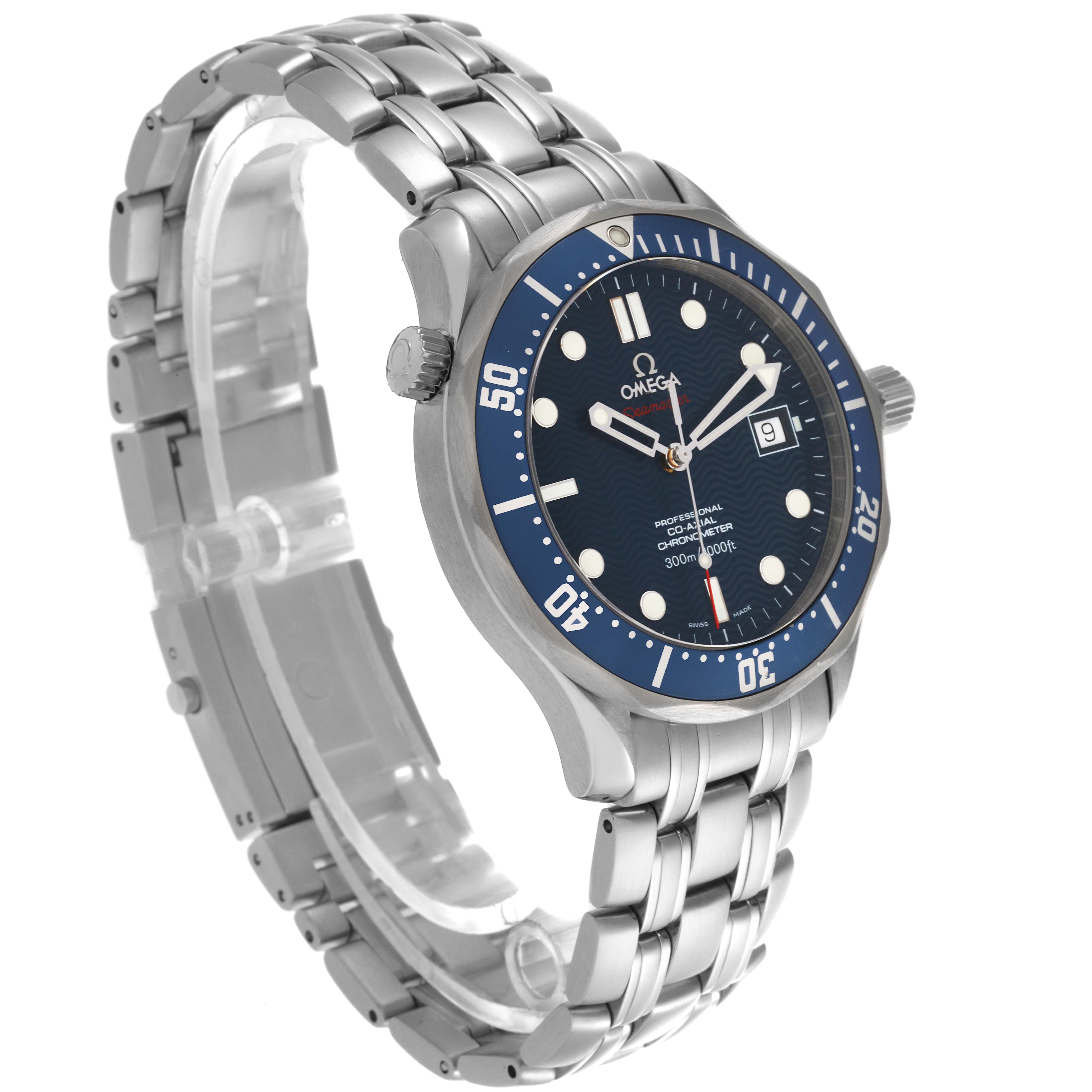 The Omega Seamaster 2220.80.00 Men's Stainless Steel Blue Dial 2220.80.00 Men's Stainless Steel Blue Dial watch is shown at a 3/4 angle, highlighting the face, bezel, bracelet, and crown.