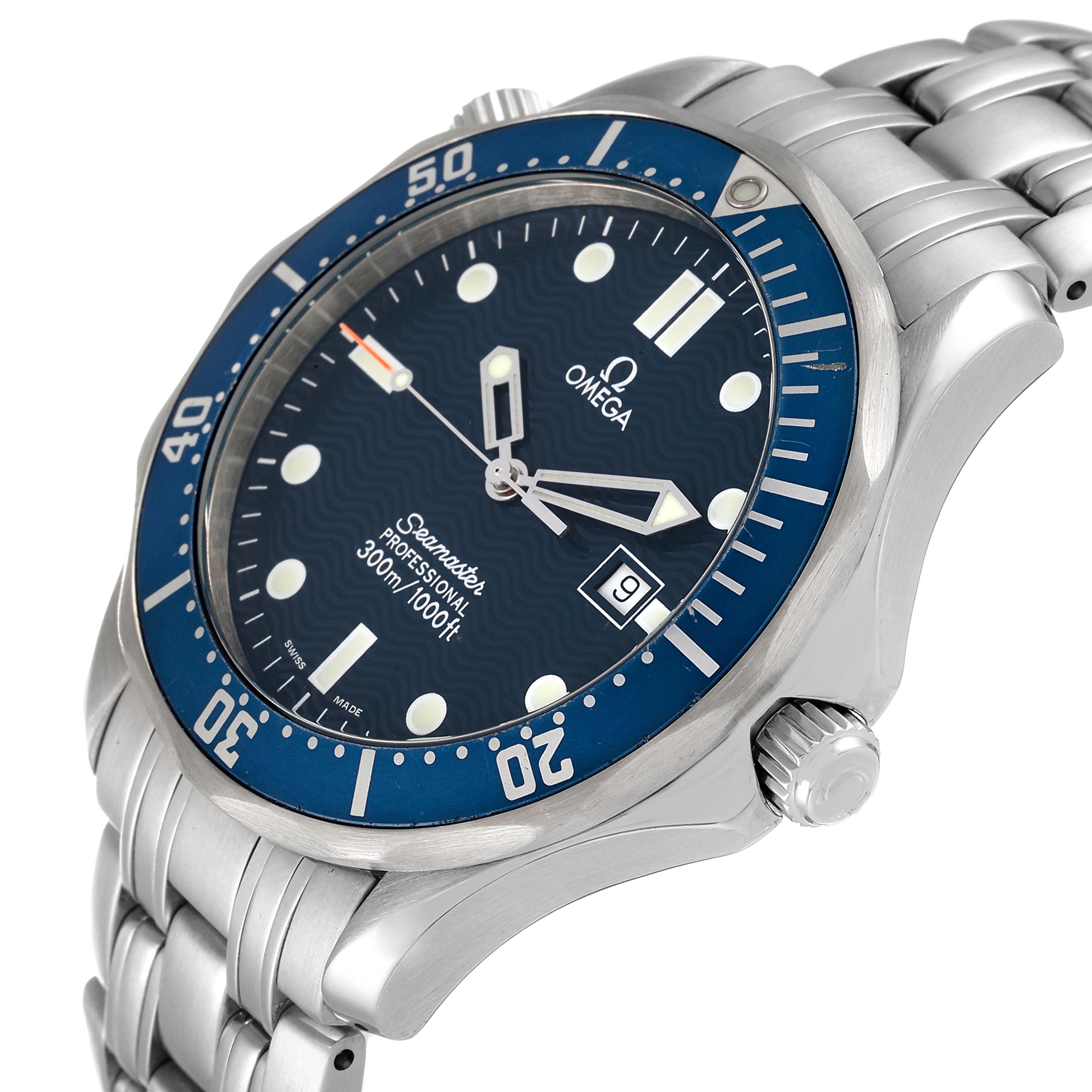 The Omega Seamaster 2541.80.00 Men's Stainless Steel Blue Dial 2541.80.00 Men's Stainless Steel Blue Dial watch is shown at an angled view highlighting the dial, bezel, crown, and part of the bracelet.