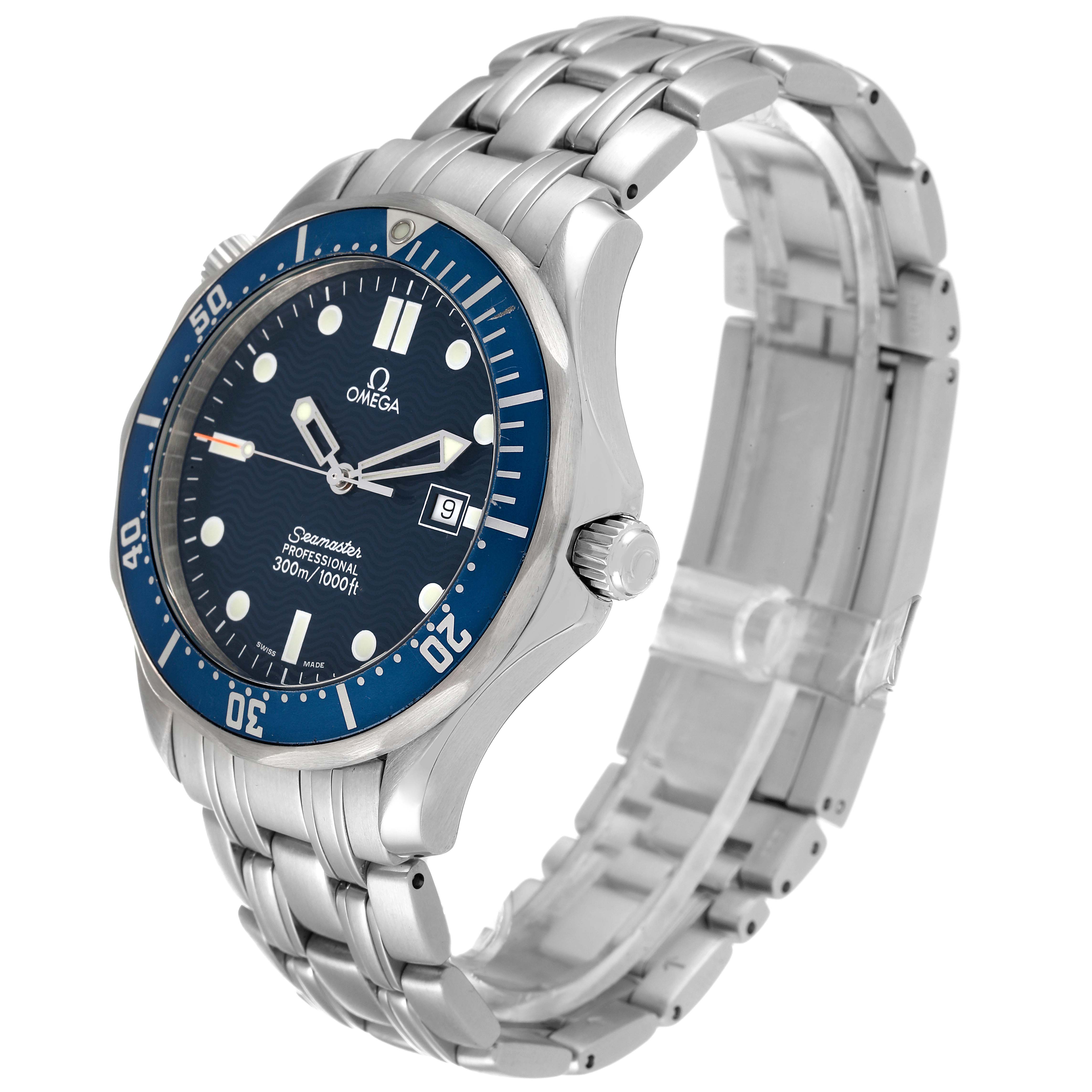The Omega Seamaster 2541.80.00 Men's Stainless Steel Blue Dial 2541.80.00 Men's Stainless Steel Blue Dial watch is shown at a three-quarter angle, displaying its face, bezel, crown, and bracelet.
