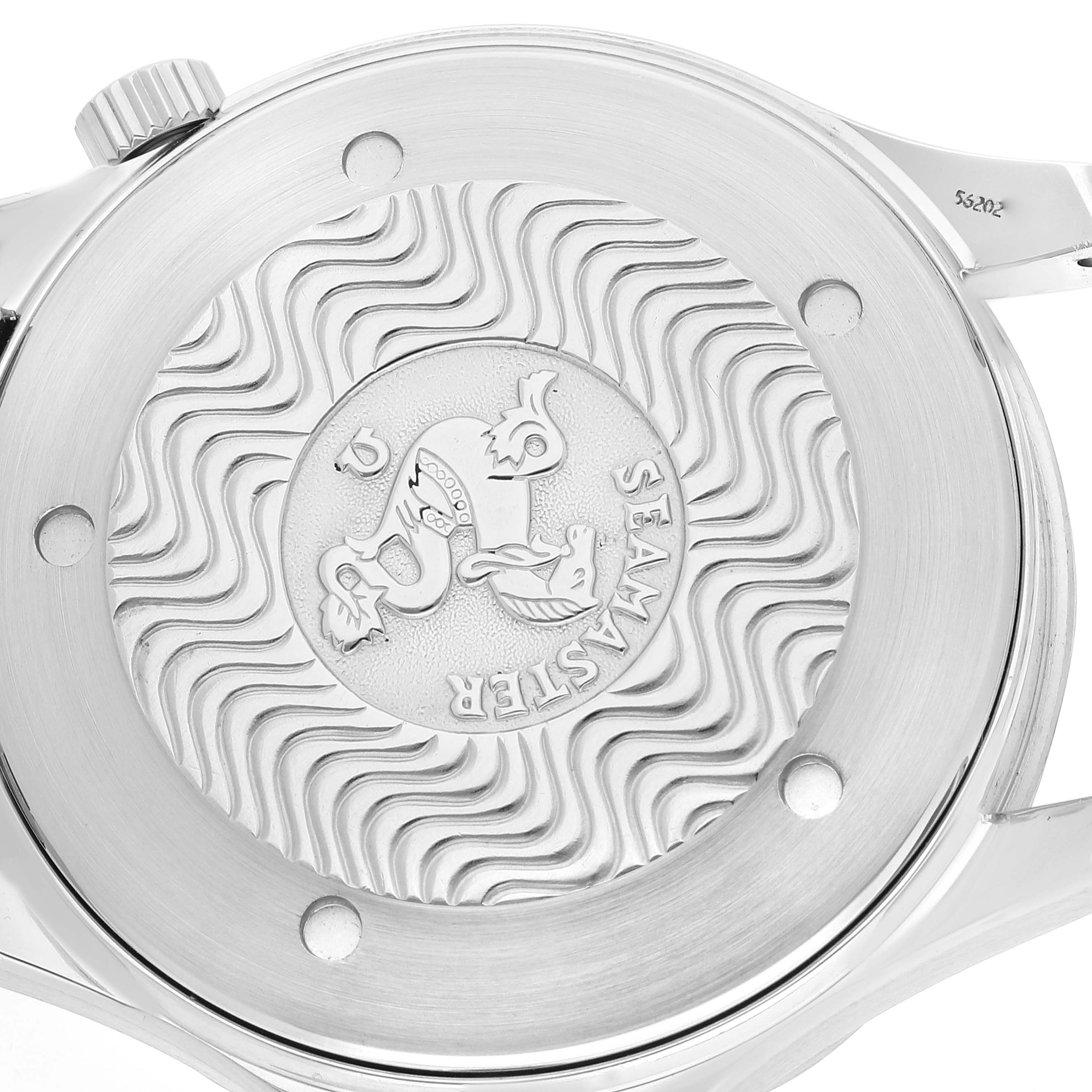 The image shows the case back of an Omega Seamaster 2541.80.00 Men's Stainless Steel Blue Dial 2541.80.00 Men's Stainless Steel Blue Dial watch, highlighting the engraved logo and wavy pattern design.