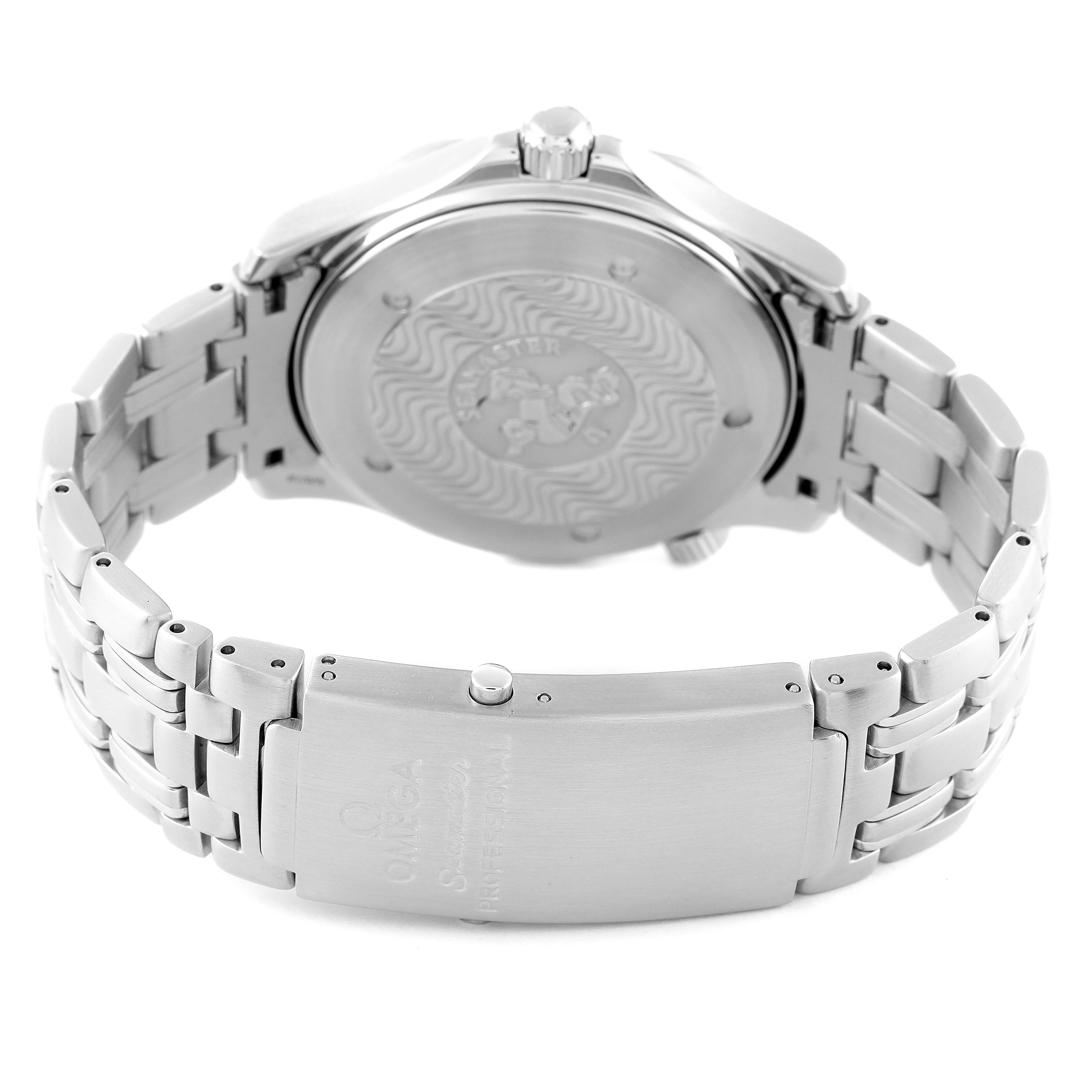 This image shows the back view of an Omega Seamaster 2541.80.00 Men's Stainless Steel Blue Dial 2541.80.00 Men's Stainless Steel Blue Dial watch, focusing on the clasp, bracelet, and case back.