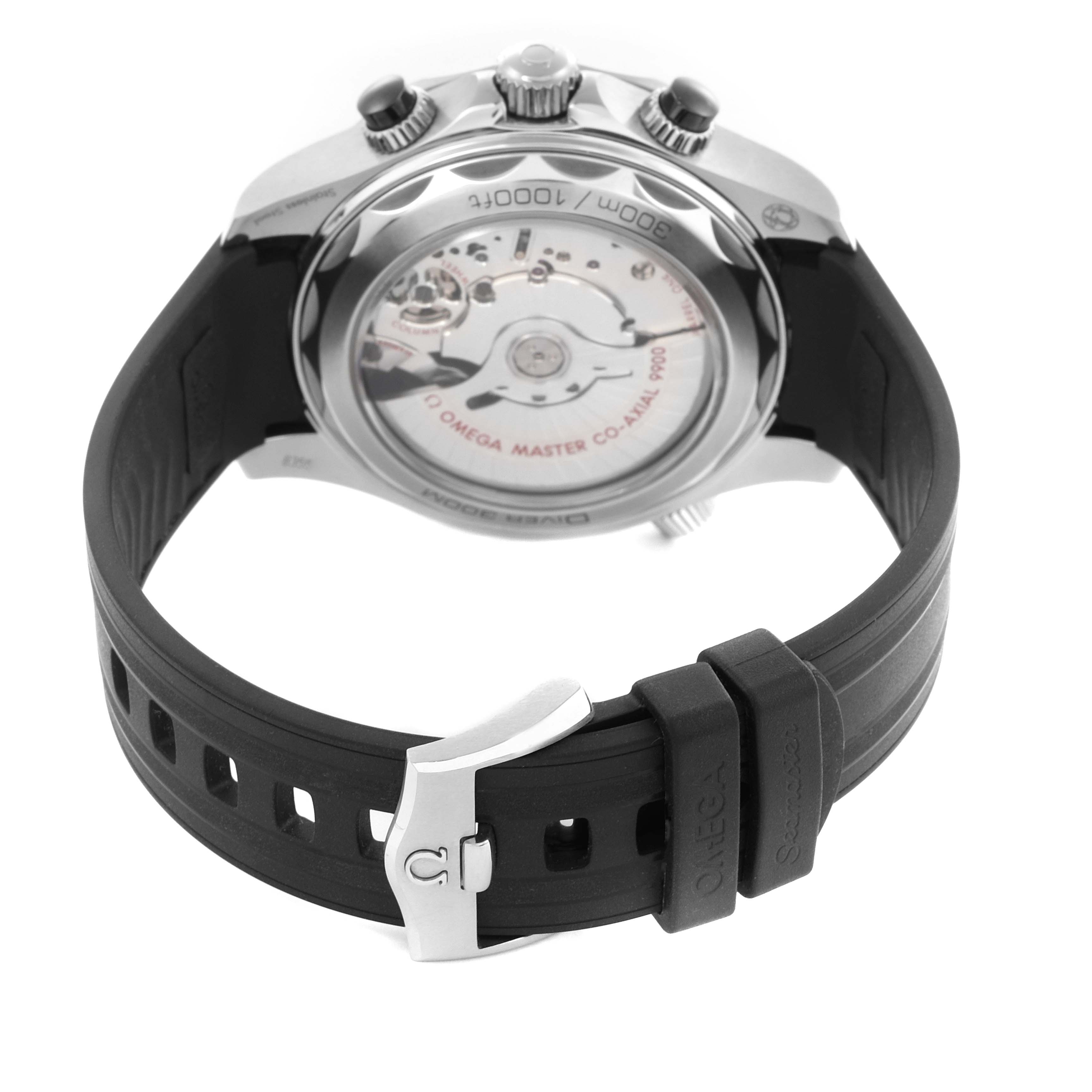 The Omega Seamaster 210.32.44.51.01.001 Men's Stainless Steel Black Dial 210.32.44.51.01.001 Men's Stainless Steel Black Dial watch is shown from the rear, highlighting its case back and movement with a visible black strap.