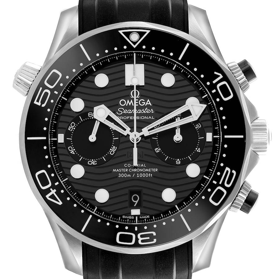 The Omega Seamaster watch is shown from the front, displaying the dial, bezel, and crown with clear view of the subdials.