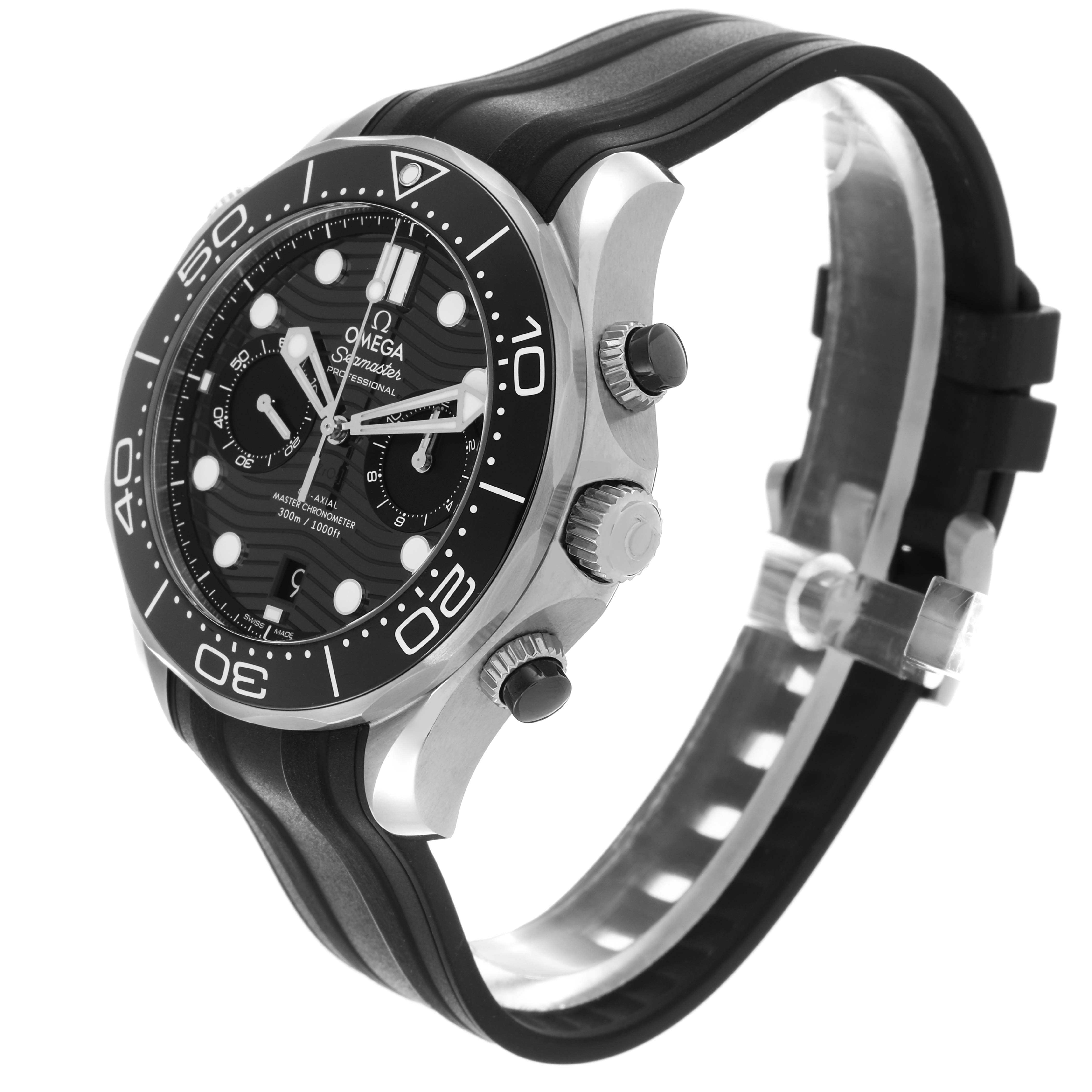 The Omega Seamaster 210.32.44.51.01.001 Men's Stainless Steel Black Dial 210.32.44.51.01.001 Men's Stainless Steel Black Dial watch is shown at a side angle, highlighting the case, bezel, crown, pushers, and strap.