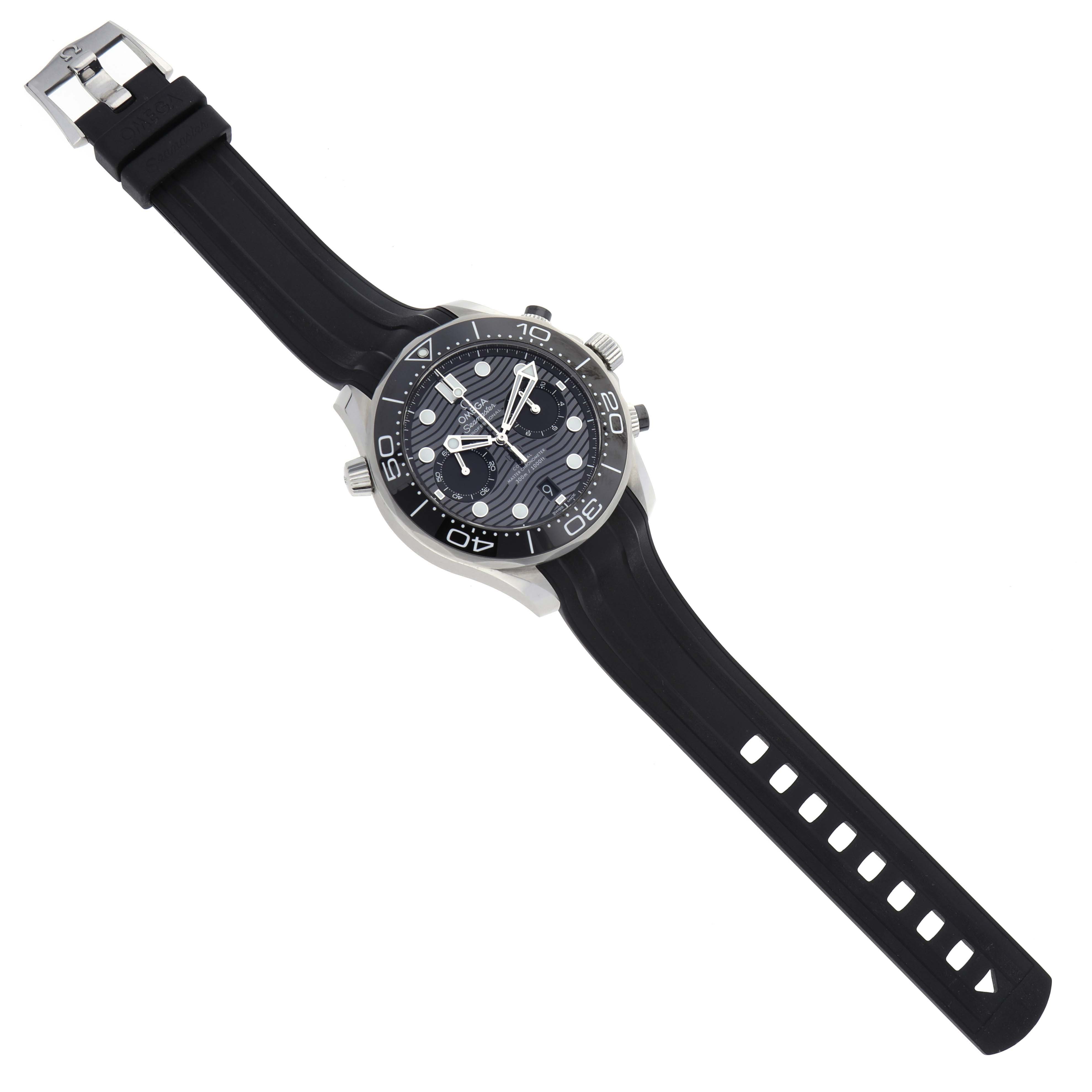 The Omega Seamaster 210.32.44.51.01.001 Men's Stainless Steel Black Dial 210.32.44.51.01.001 Men's Stainless Steel Black Dial watch is shown at an angle displaying the face, bezel, crown, pushers, and black rubber strap.