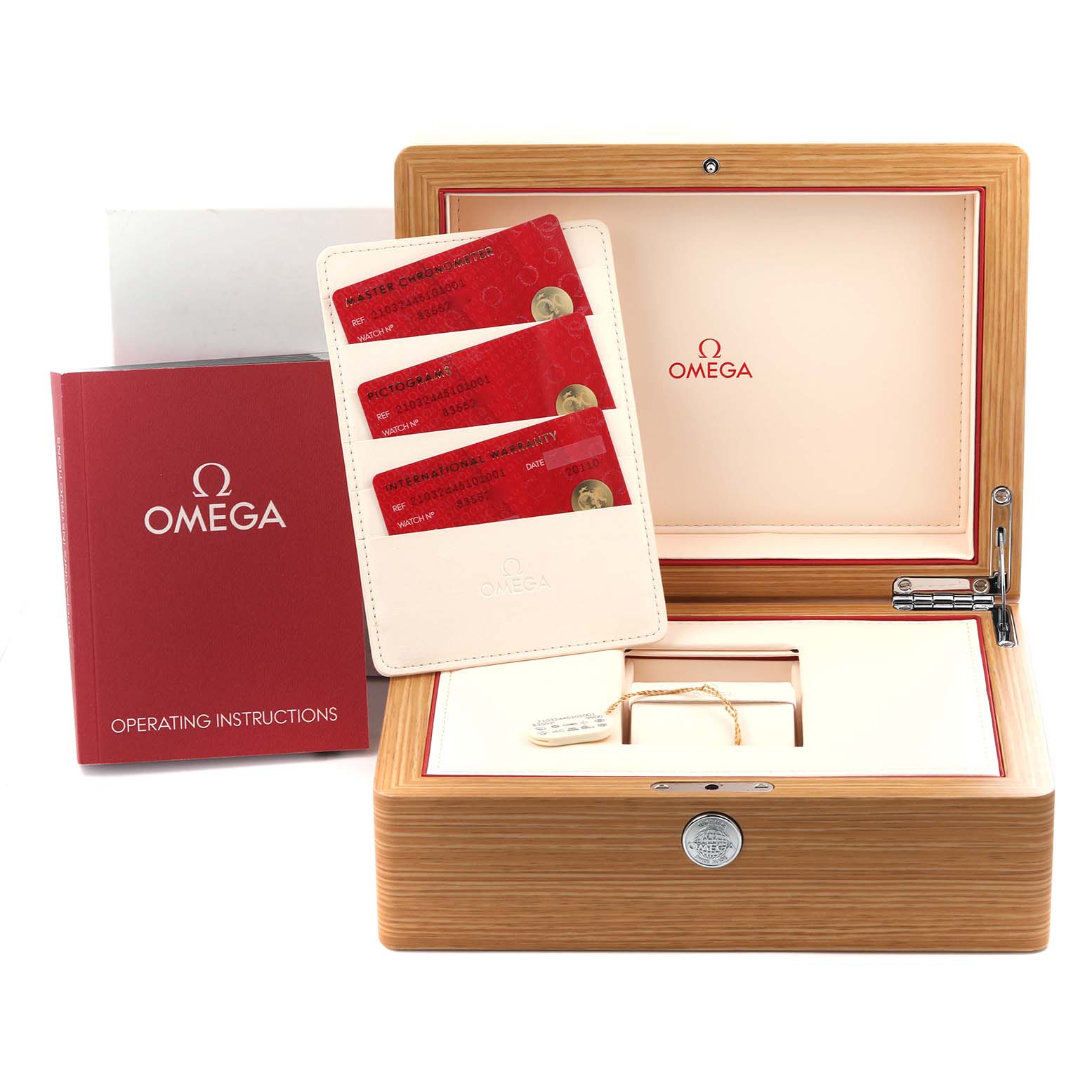 The image shows an Omega Seamaster 210.32.44.51.01.001 Men's Stainless Steel Black Dial 210.32.44.51.01.001 Men's Stainless Steel Black Dial box, operating instructions, warranty cards and a cardholder from a frontal angle.