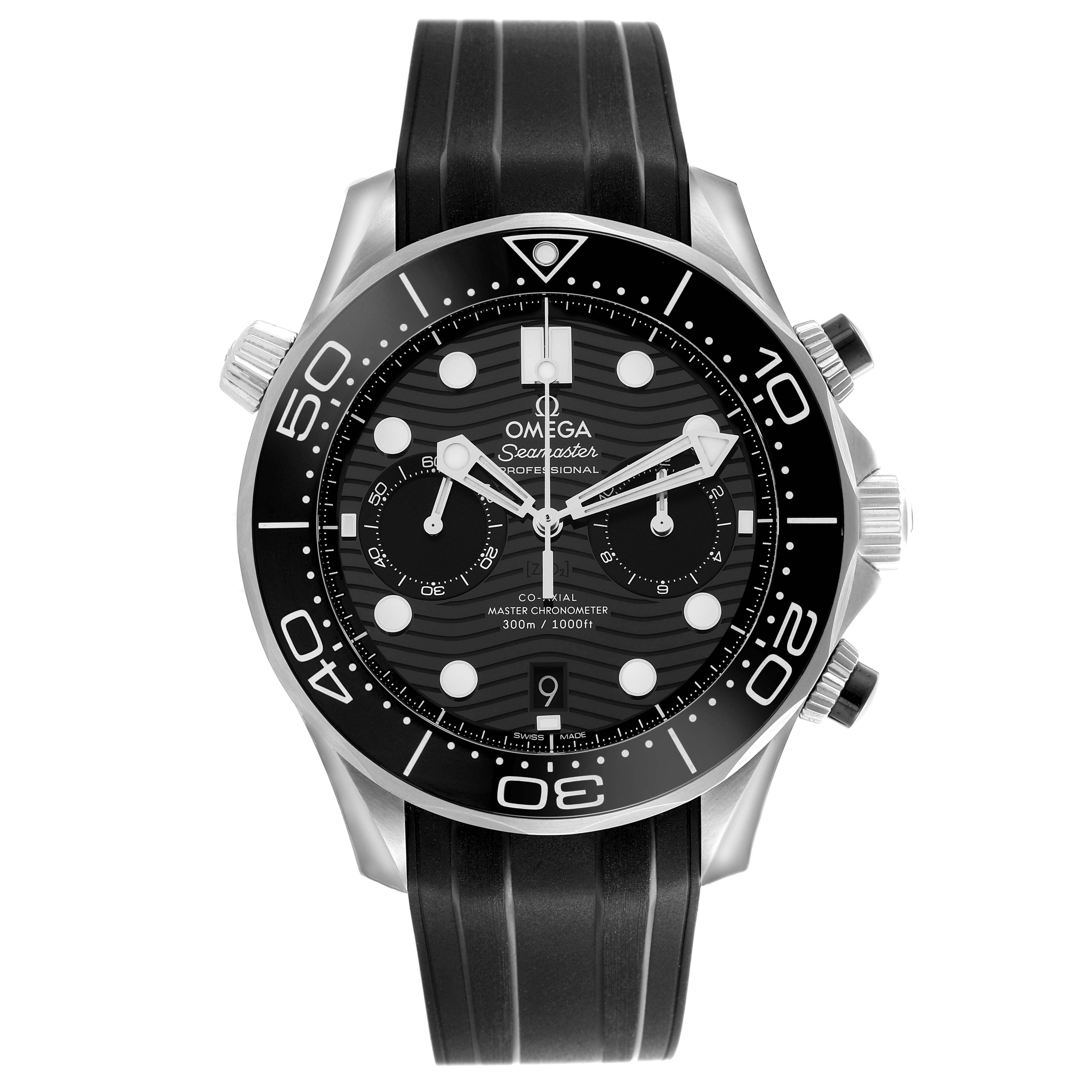 The Omega Seamaster 210.32.44.51.01.001 Men's Stainless Steel Black Dial 210.32.44.51.01.001 Men's Stainless Steel Black Dial watch is shown from a front angle, highlighting the dial, bezel, and rubber strap.