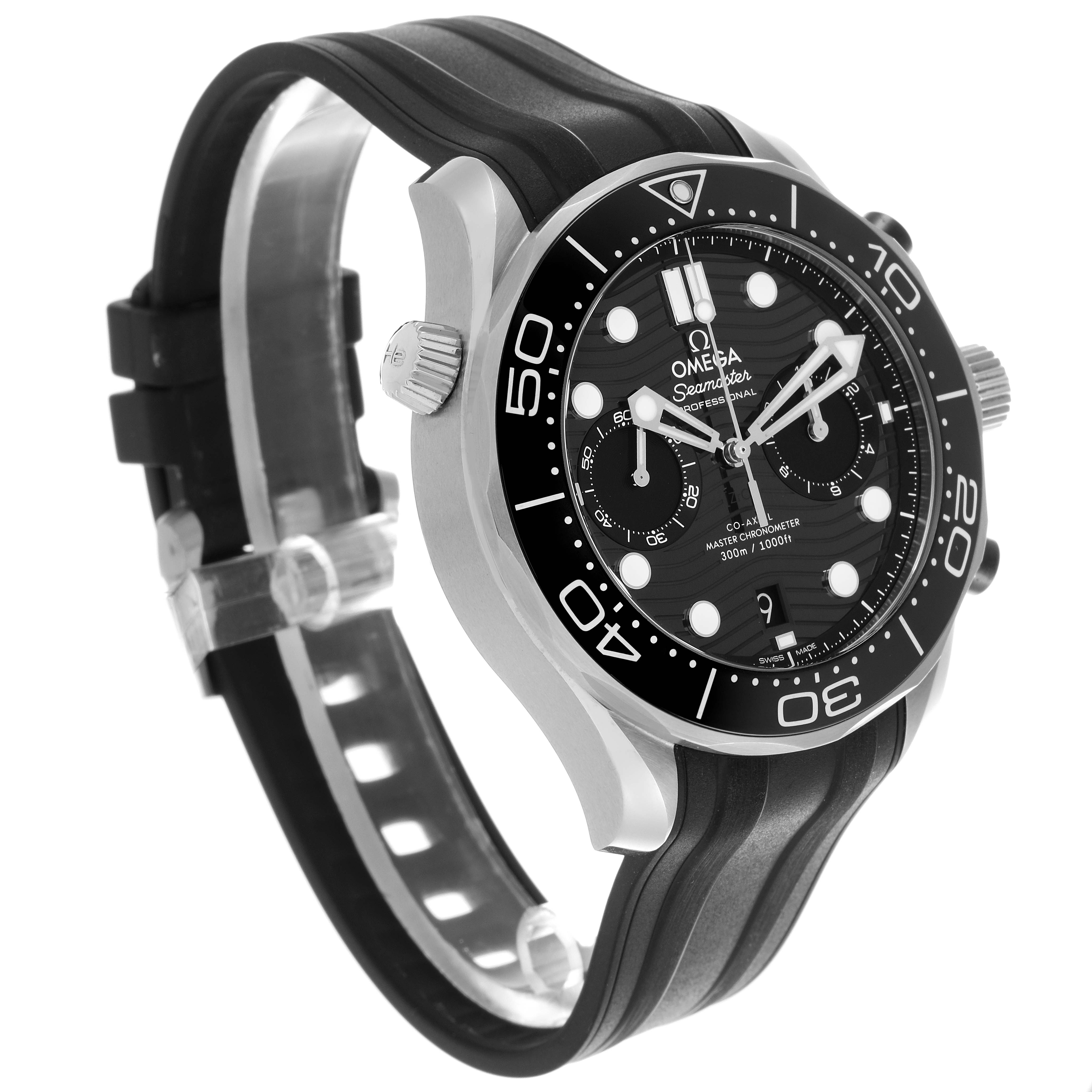 The Omega Seamaster 210.32.44.51.01.001 Men's Stainless Steel Black Dial 210.32.44.51.01.001 Men's Stainless Steel Black Dial watch is shown at a three-quarter angle, displaying the face, bezel, and part of the strap.