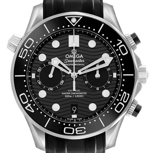 The Omega Seamaster watch is shown from a front angle, highlighting the face, bezel, and crown.