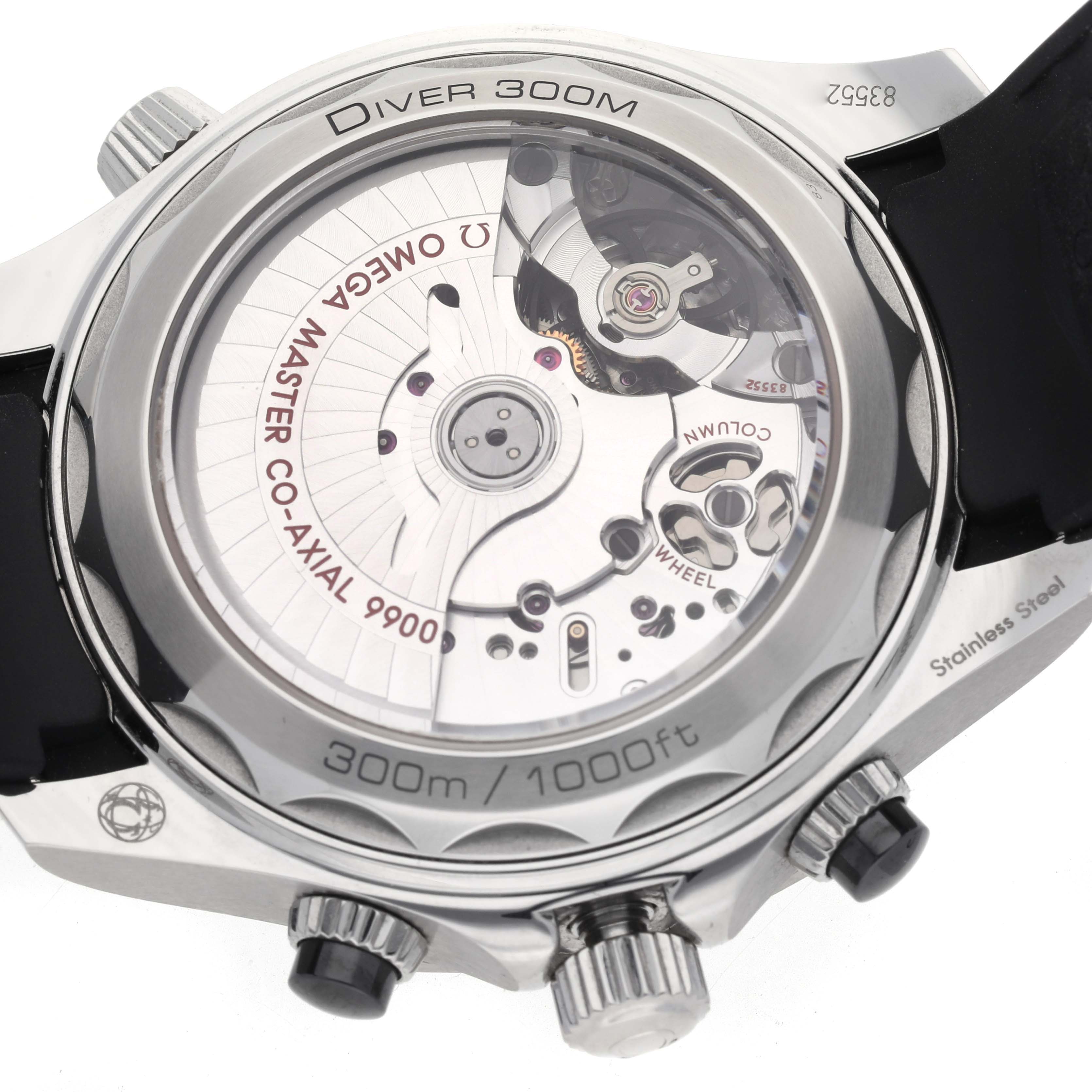 The image shows the back view of the Omega Seamaster 210.32.44.51.01.001 Men's Stainless Steel Black Dial 210.32.44.51.01.001 Men's Stainless Steel Black Dial, highlighting the exposed automatic movement.