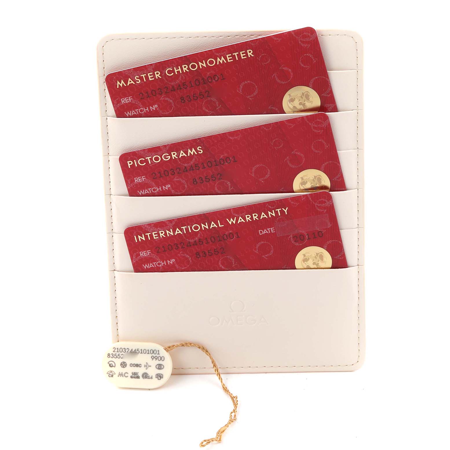 The image shows Omega Seamaster 210.32.44.51.01.001 Men's Stainless Steel Black Dial 210.32.44.51.01.001 Men's Stainless Steel Black Dial model cards and a tag, including a Master Chronometer card, Pictograms card, and International Warranty card.