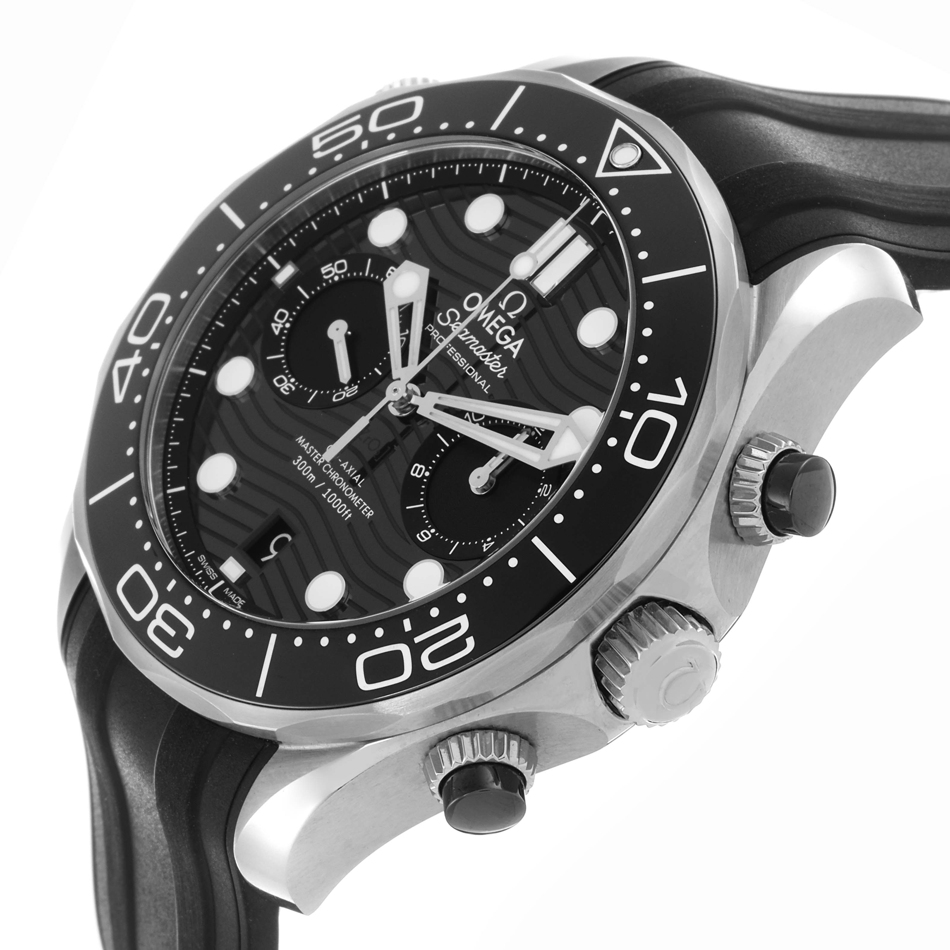 The Omega Seamaster 210.32.44.51.01.001 Men's Stainless Steel Black Dial 210.32.44.51.01.001 Men's Stainless Steel Black Dial watch is shown at a side angle, displaying its black dial, bezel, crown, and buttons.