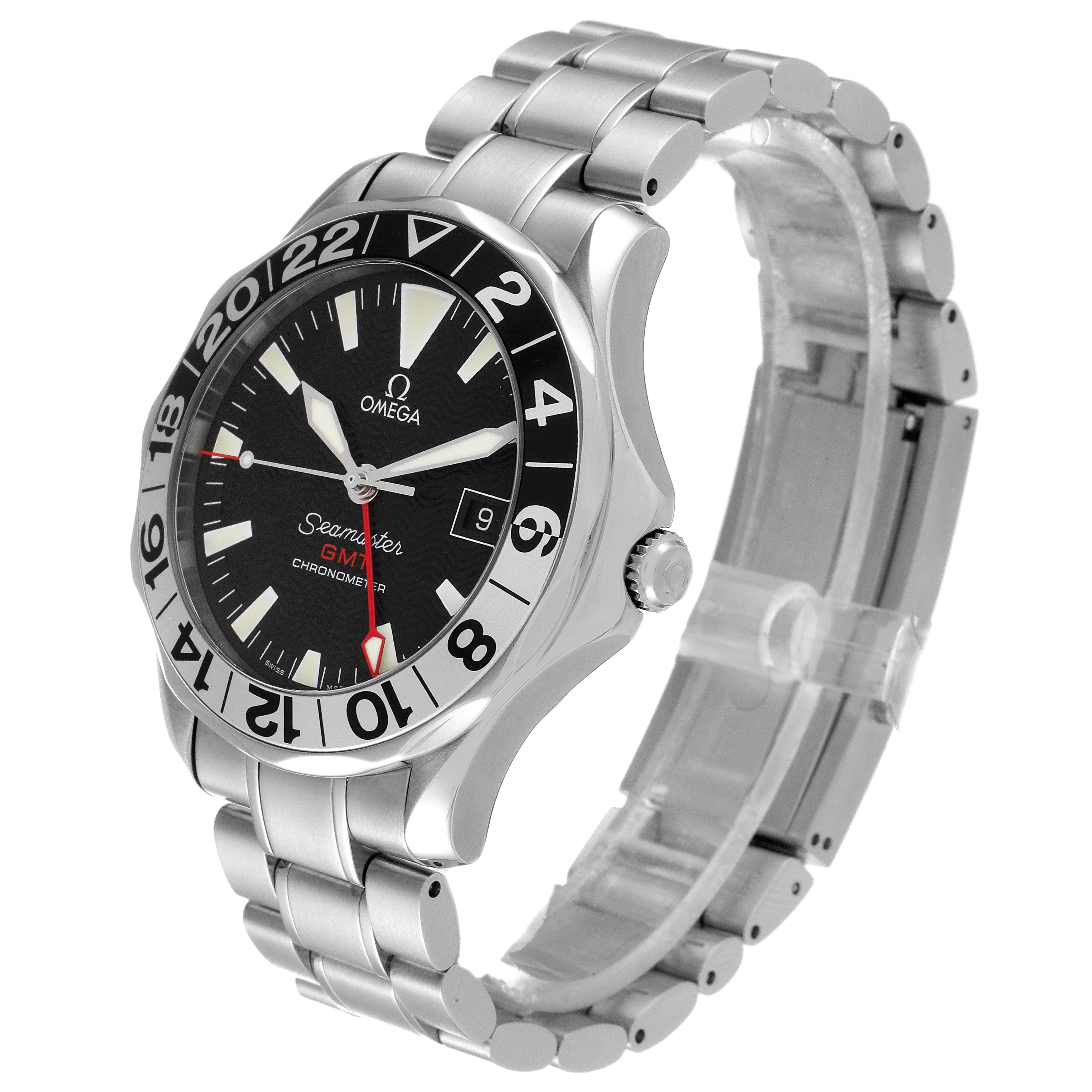 This image shows an angled view of an Omega Seamaster 2234.50.00 Men's Stainless Steel Black Dial 2234.50.00 Men's Stainless Steel Black Dial watch, highlighting its face, bezel, crown, and stainless steel bracelet.