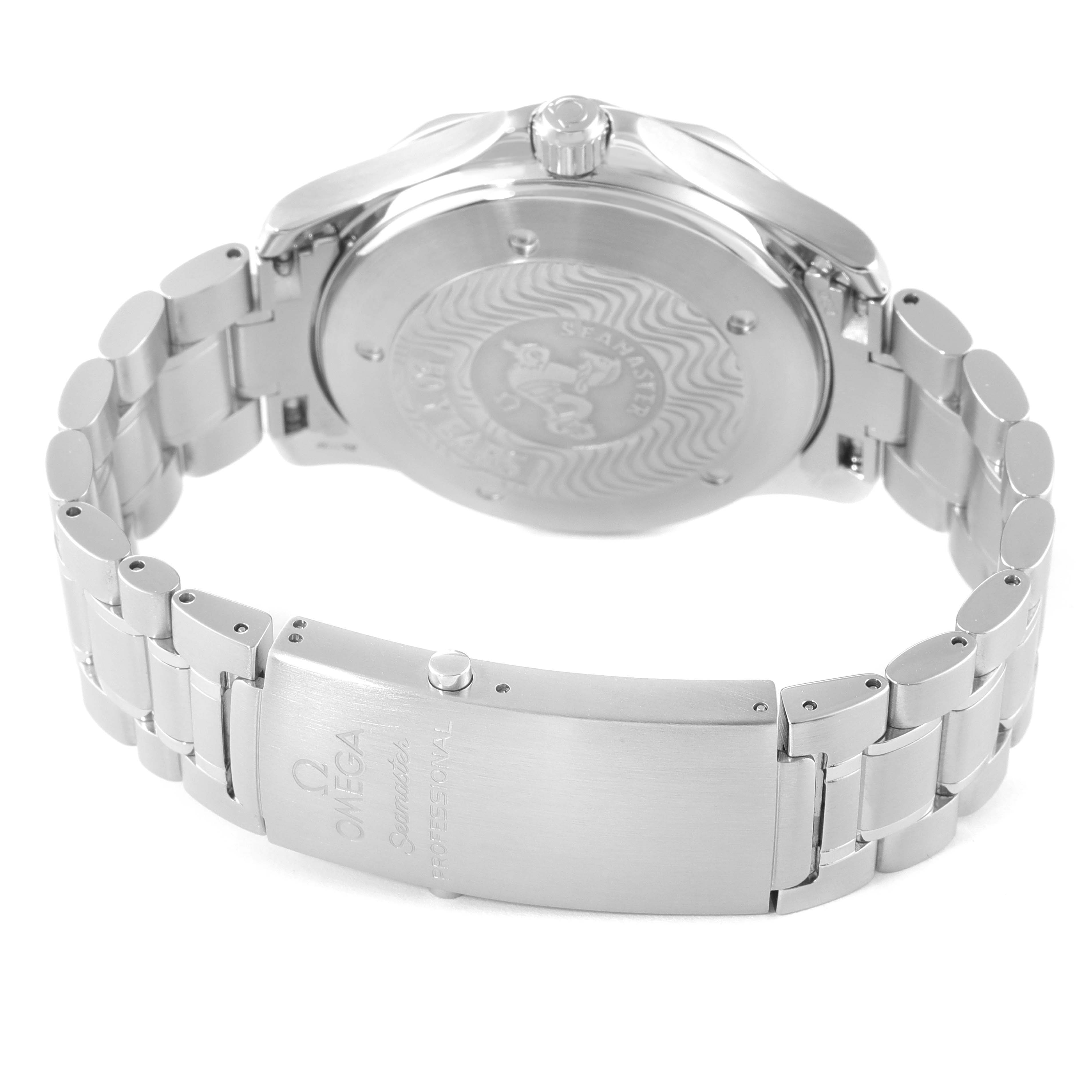 The image shows the back of an Omega Seamaster 2234.50.00 Men's Stainless Steel Black Dial 2234.50.00 Men's Stainless Steel Black Dial watch including the case back, crown, and part of the stainless steel bracelet and clasp.