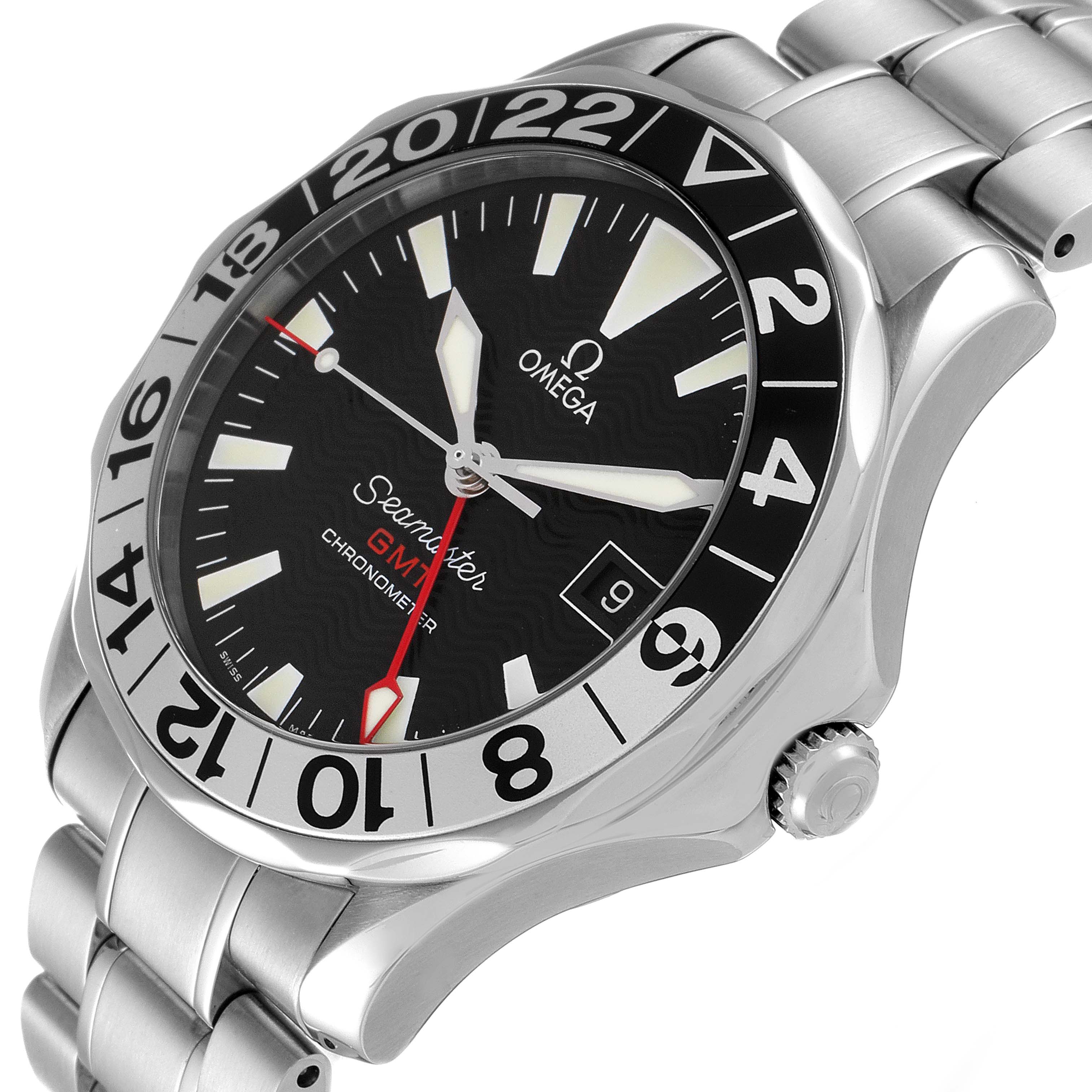 The image shows a side angle of the Omega Seamaster 2234.50.00 Men's Stainless Steel Black Dial 2234.50.00 Men's Stainless Steel Black Dial watch, featuring its bezel, dial, crown, and stainless steel bracelet.