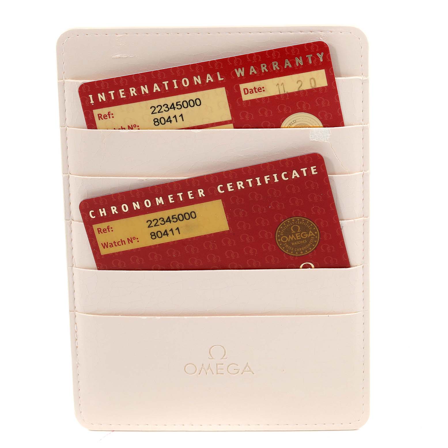 The image shows the international warranty and chronometer certificate cards for an Omega Seamaster 2234.50.00 Men's Stainless Steel Black Dial 2234.50.00 Men's Stainless Steel Black Dial, held in a white cardholder.