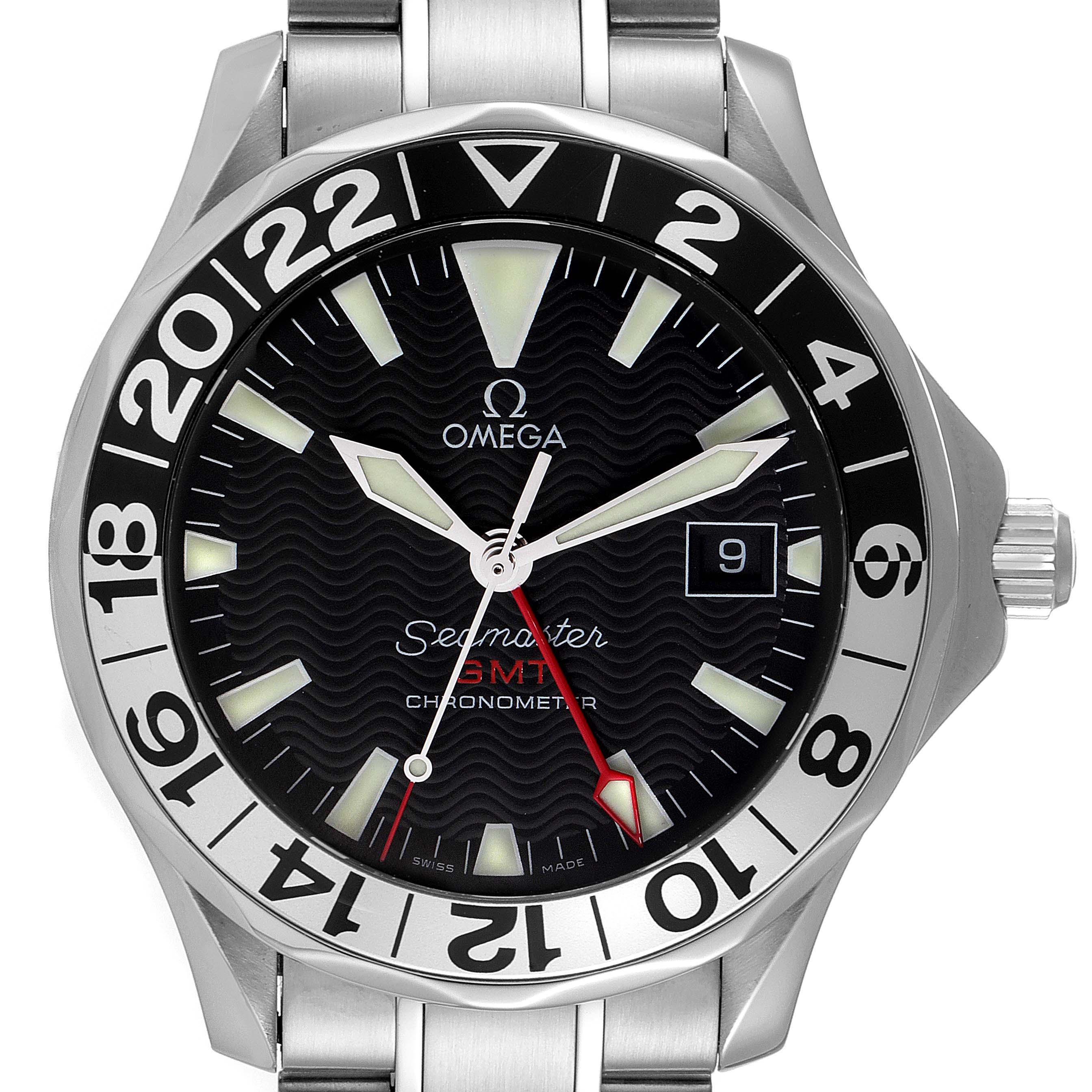 The image shows a front view of the Omega Seamaster 2234.50.00 Men's Stainless Steel Black Dial 2234.50.00 Men's Stainless Steel Black Dial GMT Chronometer watch, highlighting the dial, bezel, and part of the bracelet.