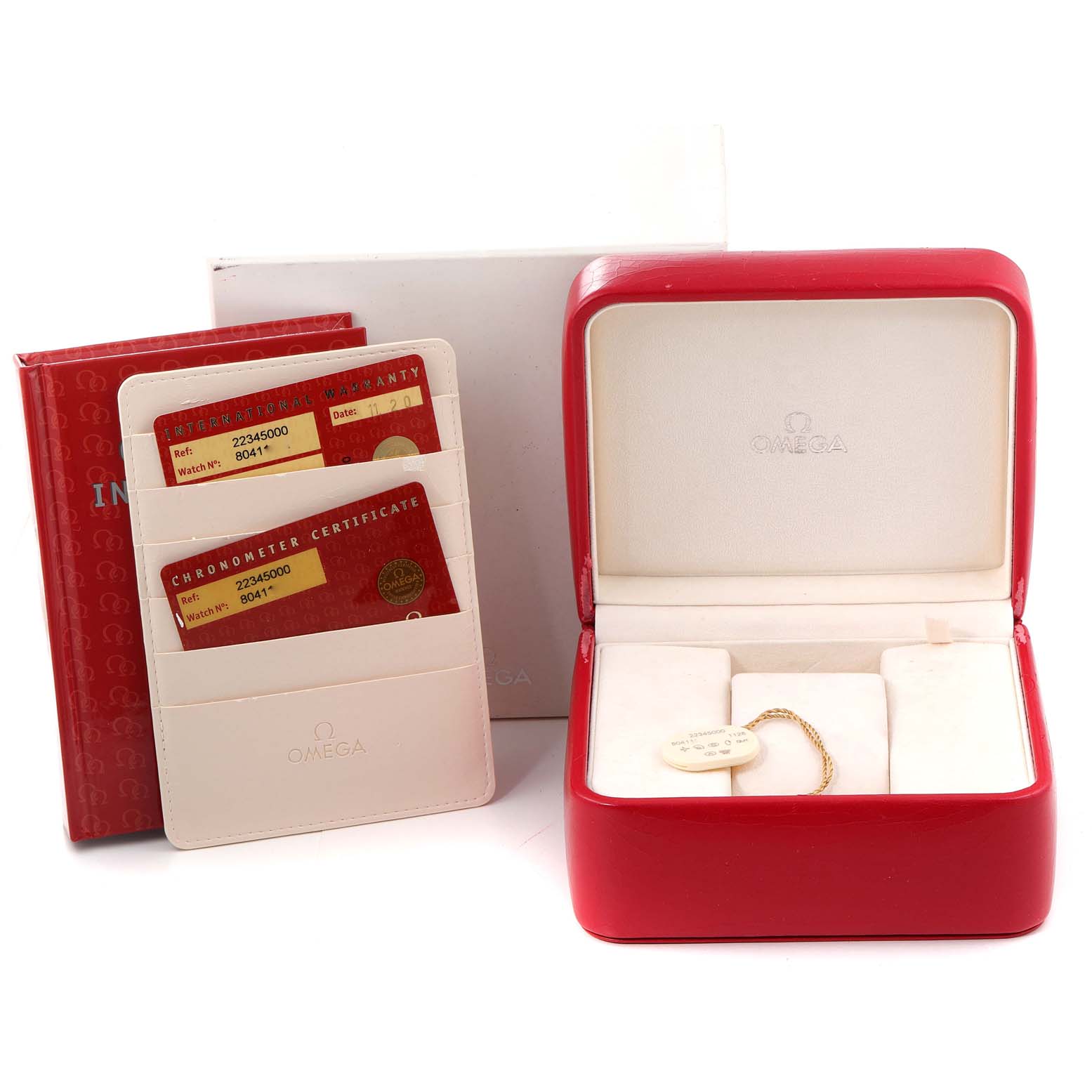 The image shows a red Omega Seamaster 2234.50.00 Men's Stainless Steel Black Dial 2234.50.00 Men's Stainless Steel Black Dial watch box, warranty cards, an instruction manual, and a white cardholder.