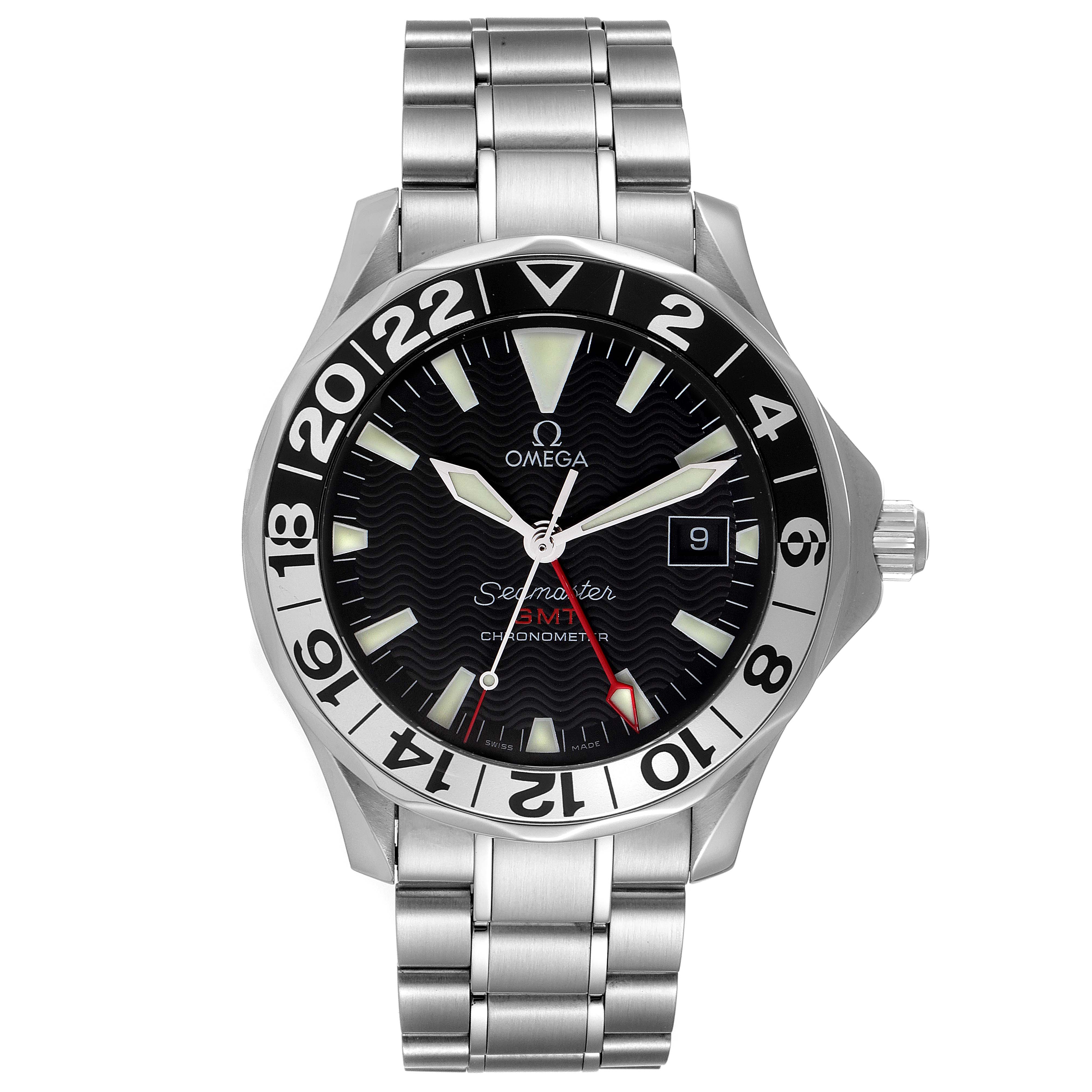 The Omega Seamaster 2234.50.00 Men's Stainless Steel Black Dial 2234.50.00 Men's Stainless Steel Black Dial watch shown is captured from a front angle, displaying its face, bezel, bracelet, and crown.