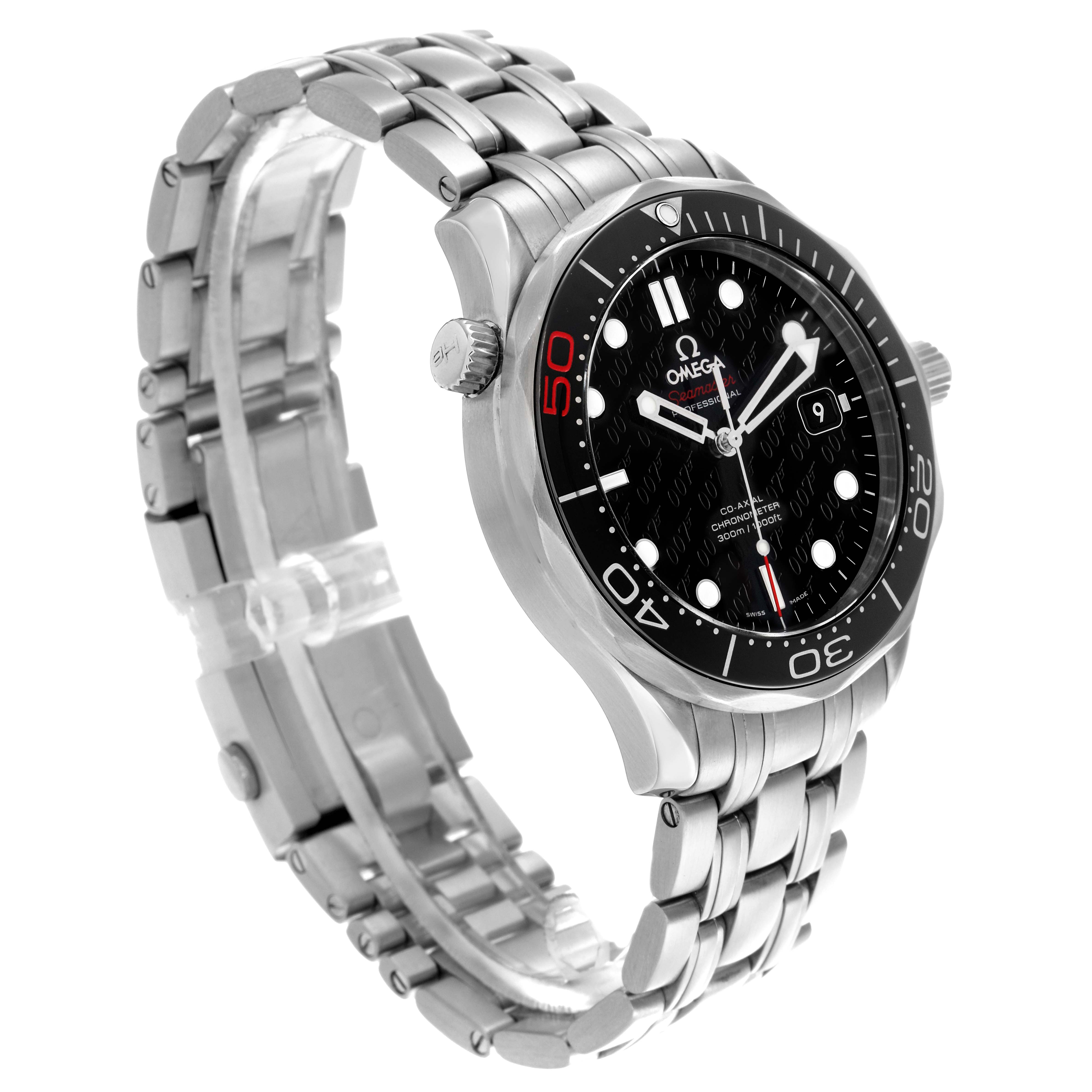 The image shows an Omega Seamaster 212.30.41.20.01.005 Men's Stainless Steel Black Dial 212.30.41.20.01.005 Men's Stainless Steel Black Dial watch at an angled side view, highlighting the bezel, dial, and bracelet.