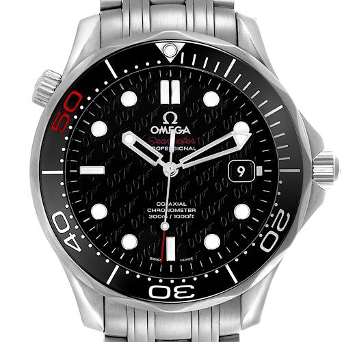 The image shows a front view of an Omega Seamaster, highlighting the dial, bezel, and stainless steel bracelet.