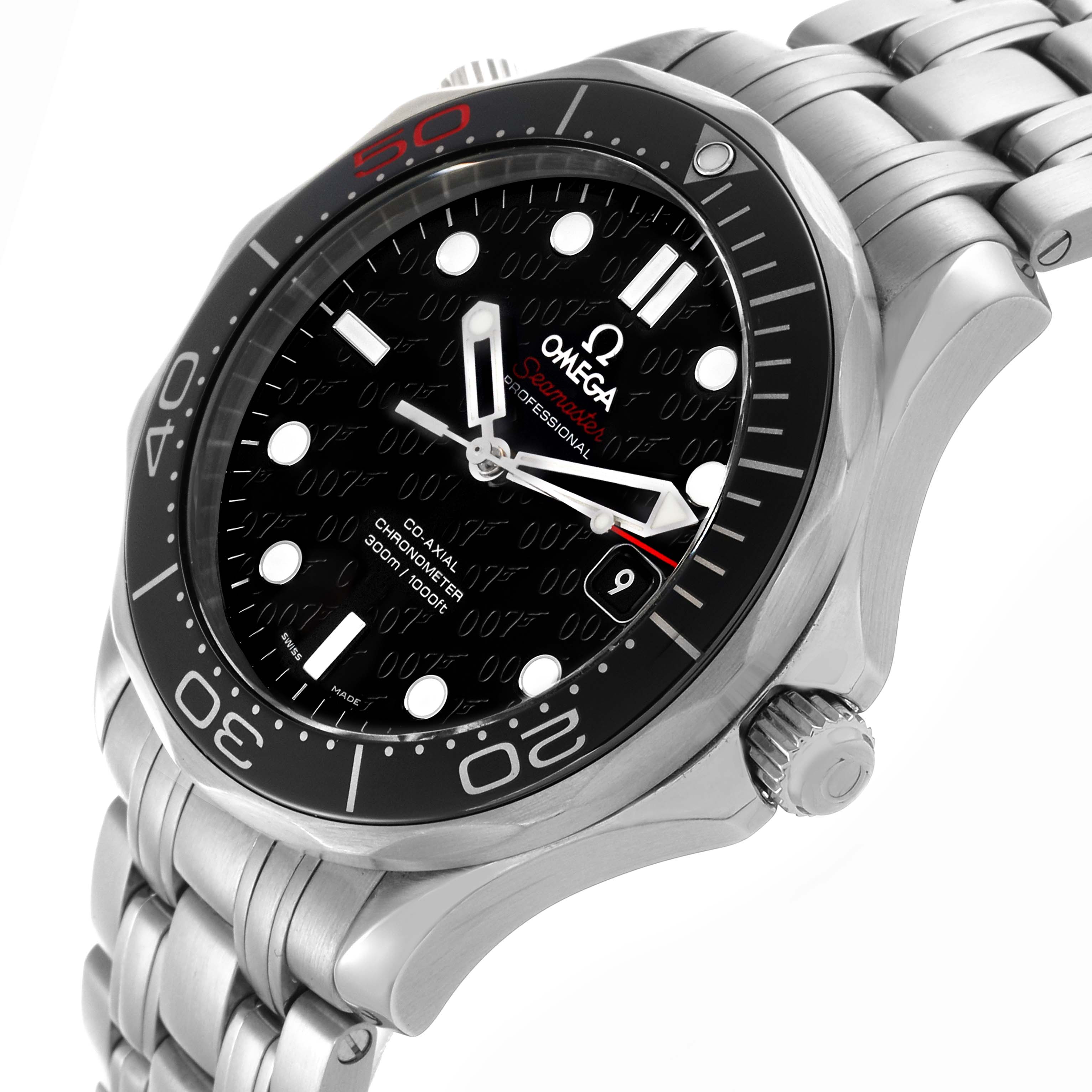 The image shows an Omega Seamaster 212.30.41.20.01.005 Men's Stainless Steel Black Dial 212.30.41.20.01.005 Men's Stainless Steel Black Dial watch from a three-quarter angle, highlighting the dial, bezel, crown, and metal bracelet.