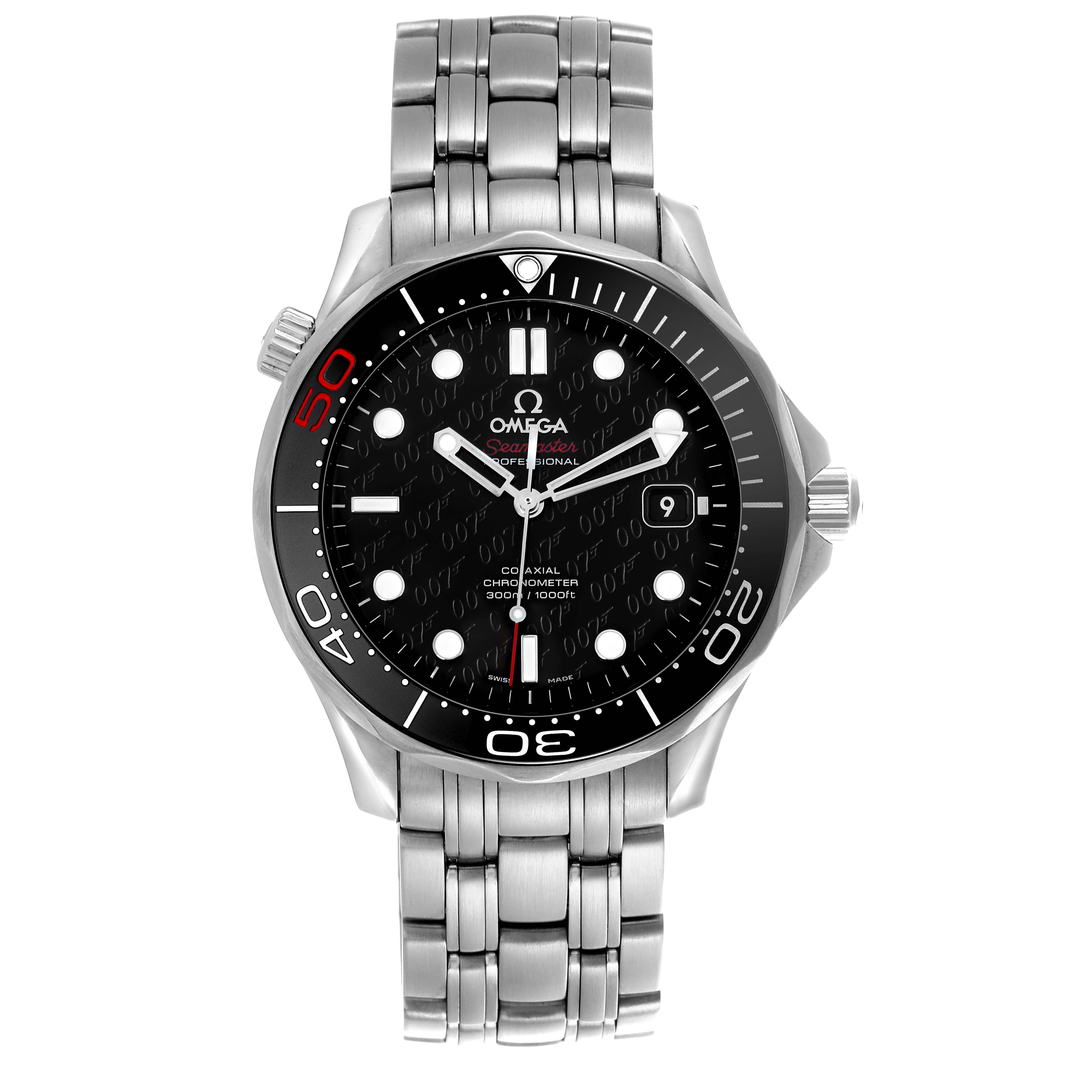 The Omega Seamaster 212.30.41.20.01.005 Men's Stainless Steel Black Dial 212.30.41.20.01.005 Men's Stainless Steel Black Dial watch is shown from a straight-on angle, displaying the dial, bezel, and bracelet clearly.