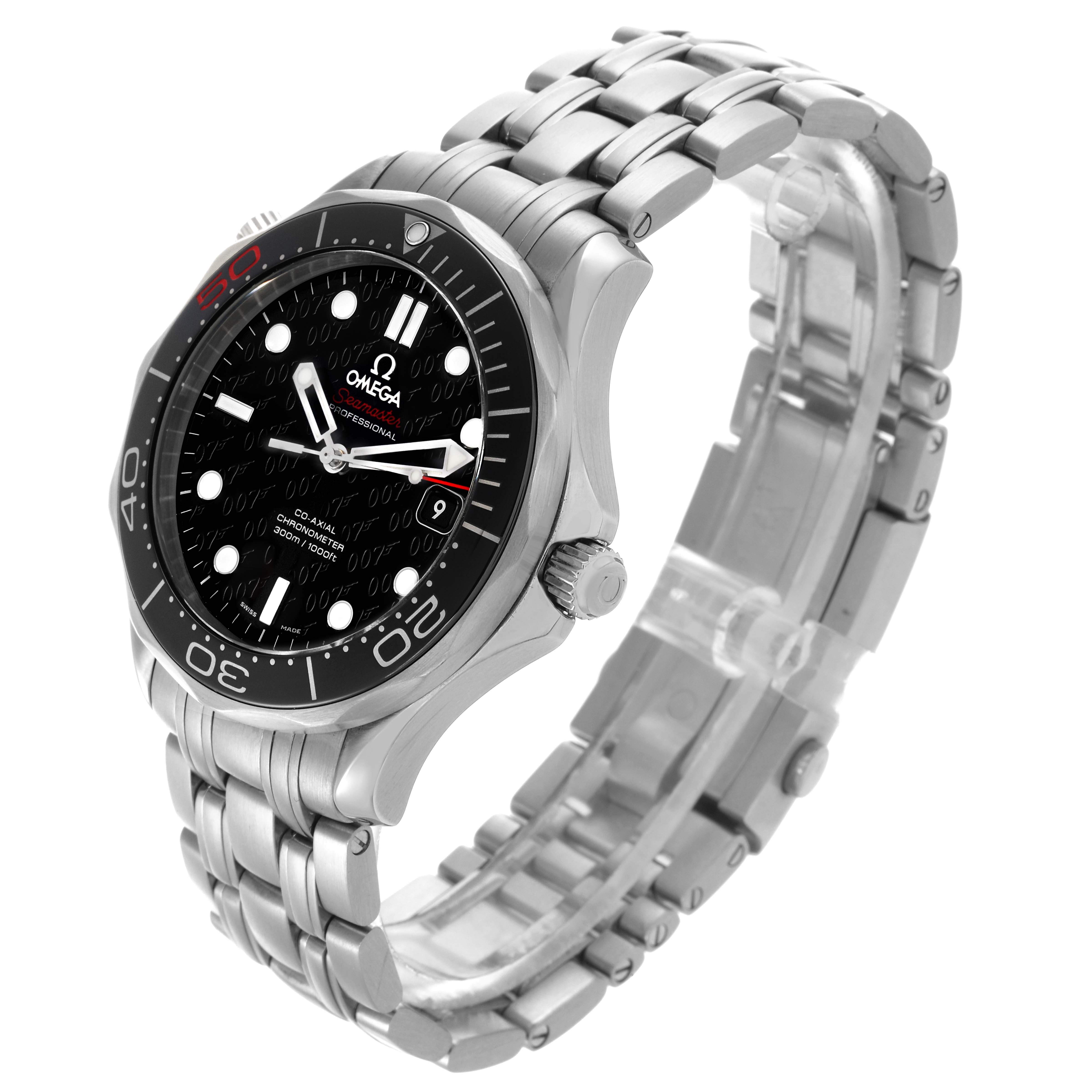 The Omega Seamaster 212.30.41.20.01.005 Men's Stainless Steel Black Dial 212.30.41.20.01.005 Men's Stainless Steel Black Dial watch is shown at a three-quarter angle, displaying the face, bezel, crown, and bracelet.