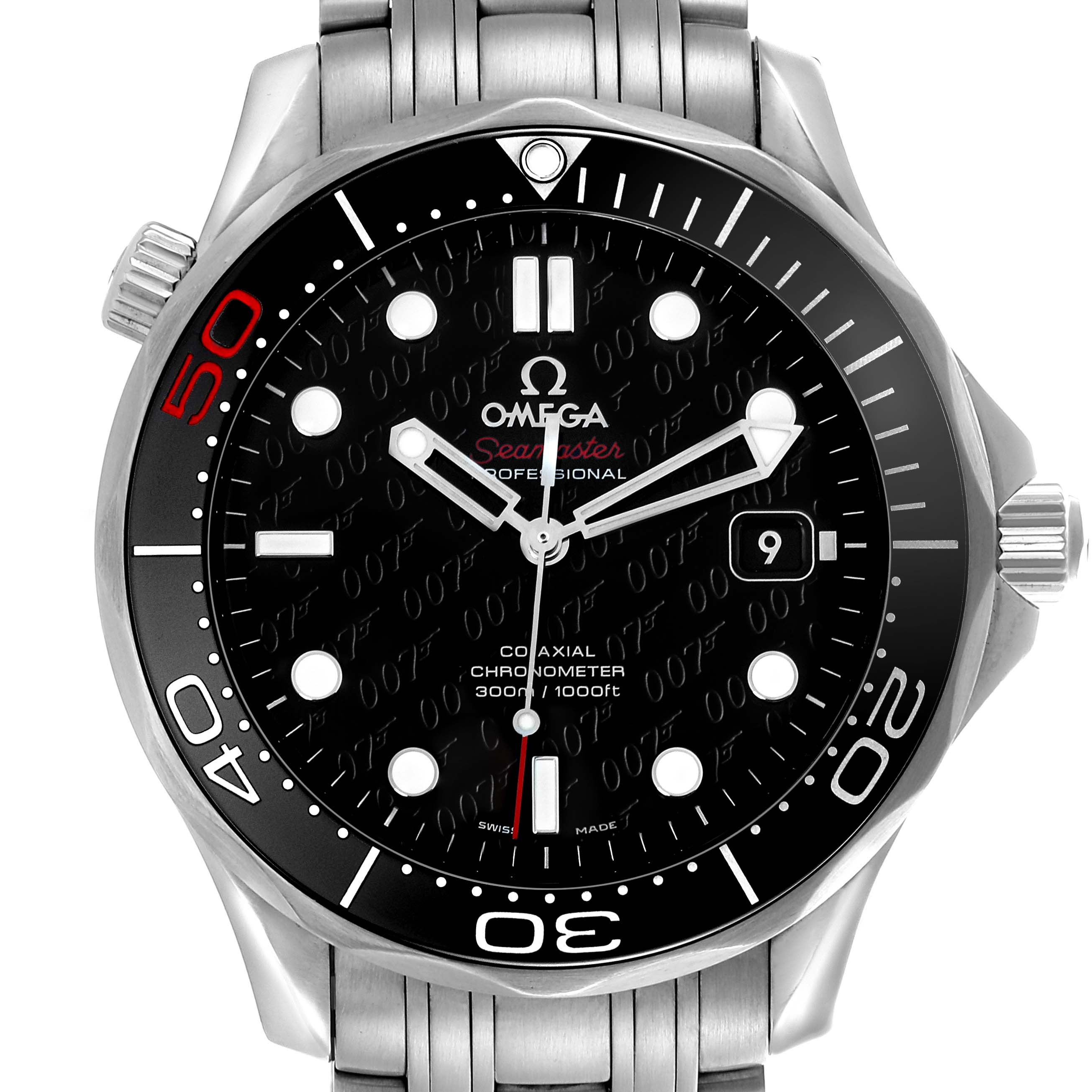 The Omega Seamaster 212.30.41.20.01.005 Men's Stainless Steel Black Dial 212.30.41.20.01.005 Men's Stainless Steel Black Dial watch is shown from a front view, highlighting its dial, bezel, and metal bracelet.