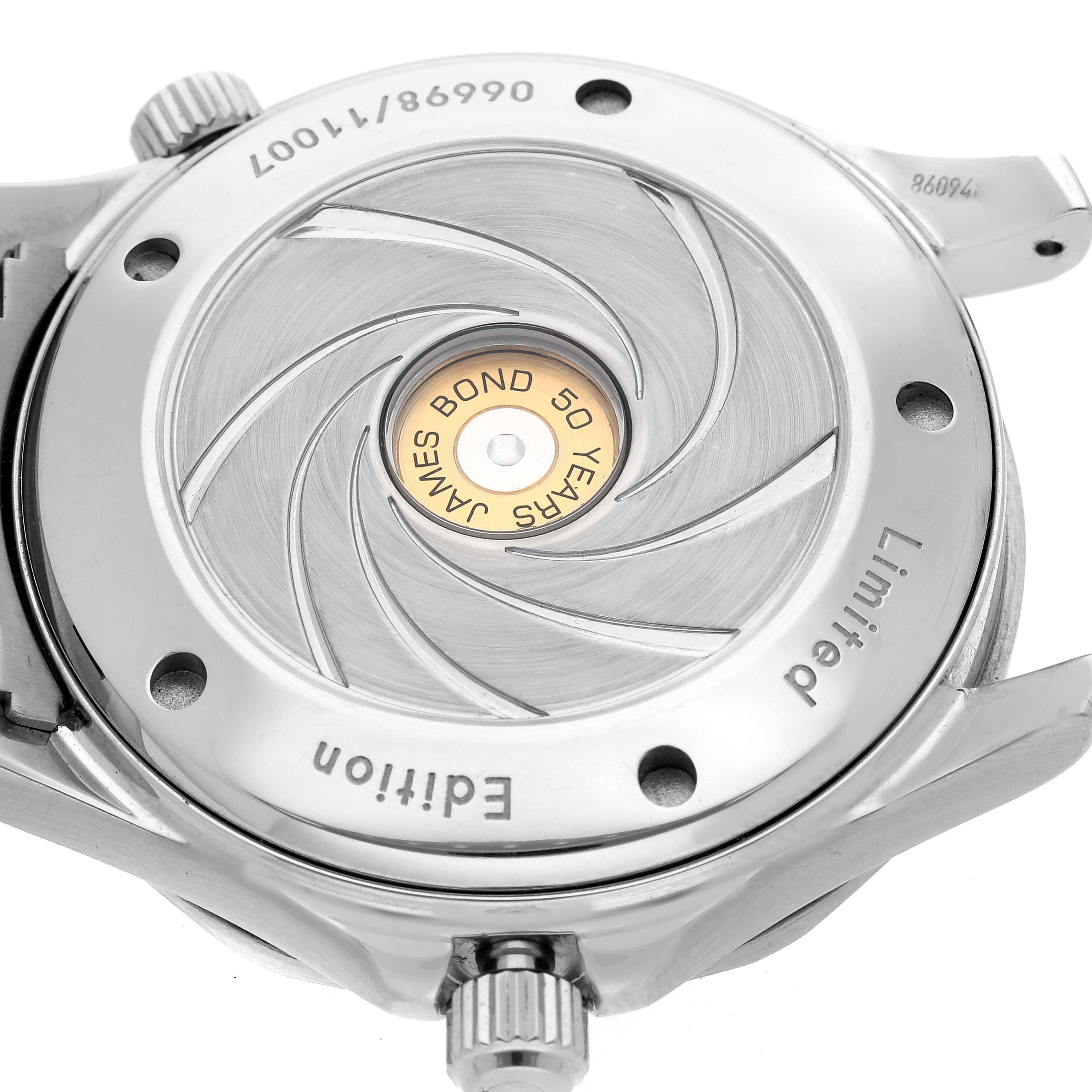 The image shows the case back of an Omega Seamaster 212.30.41.20.01.005 Men's Stainless Steel Black Dial 212.30.41.20.01.005 Men's Stainless Steel Black Dial, featuring a "James Bond 50 Years" edition engraving.