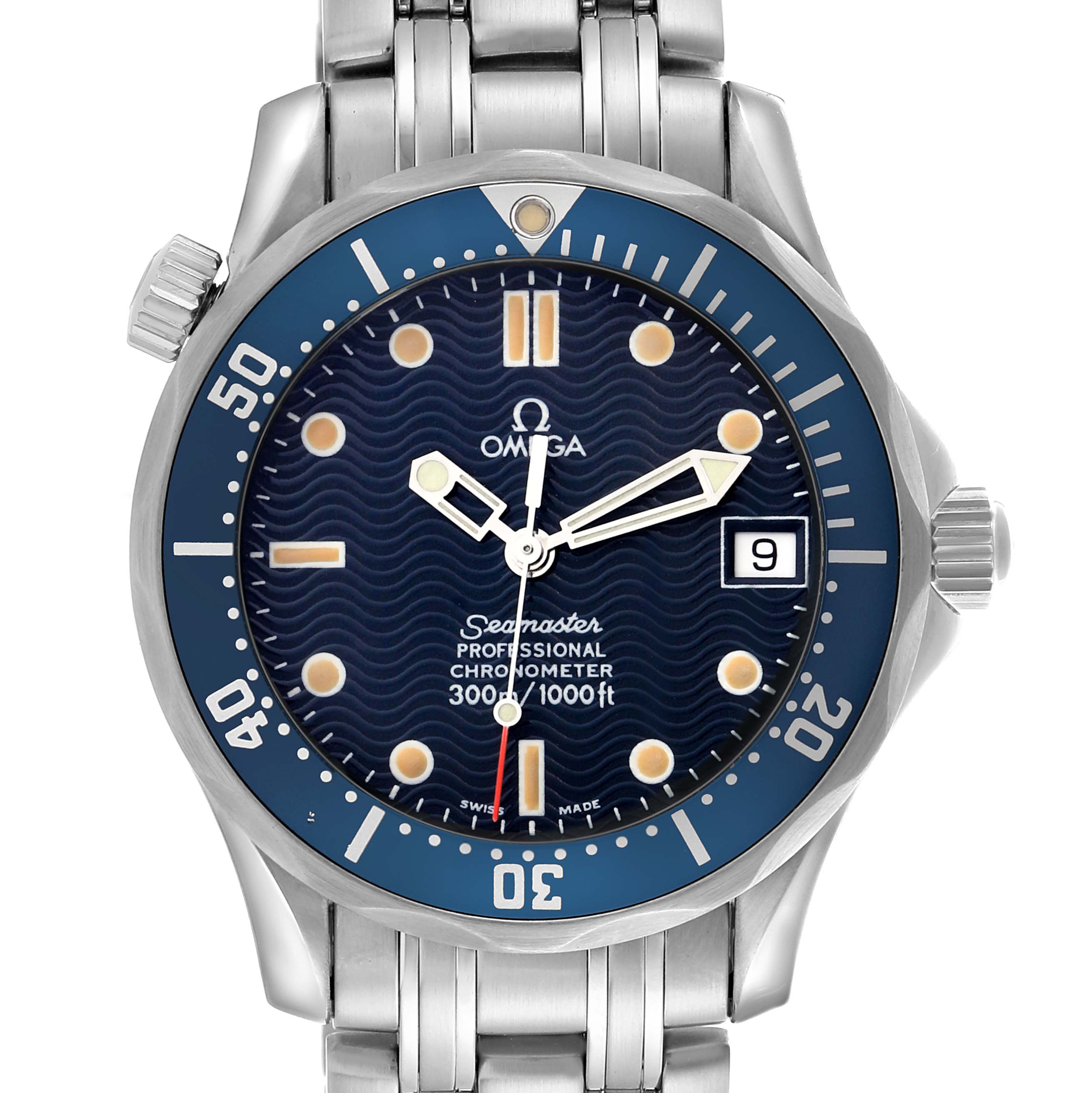 The Omega Seamaster 2551.80.00 Men
s Stainless Steel Blue Dial 2551.80.00 Men
s Stainless Steel Blue Dial watch is shown from the front, highlighting its dial, bezel, crown, and part of the metal bracelet.