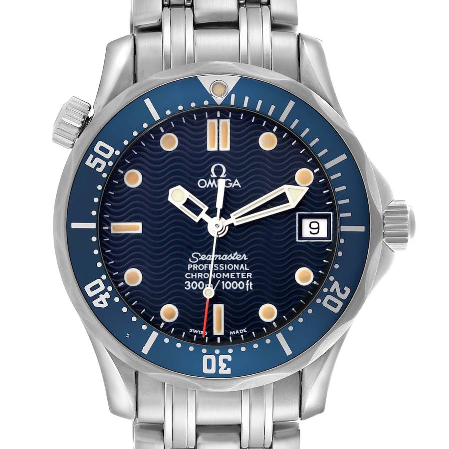 The Omega Seamaster watch is shown from the front, highlighting its dial, bezel, crown, and part of the metal bracelet.